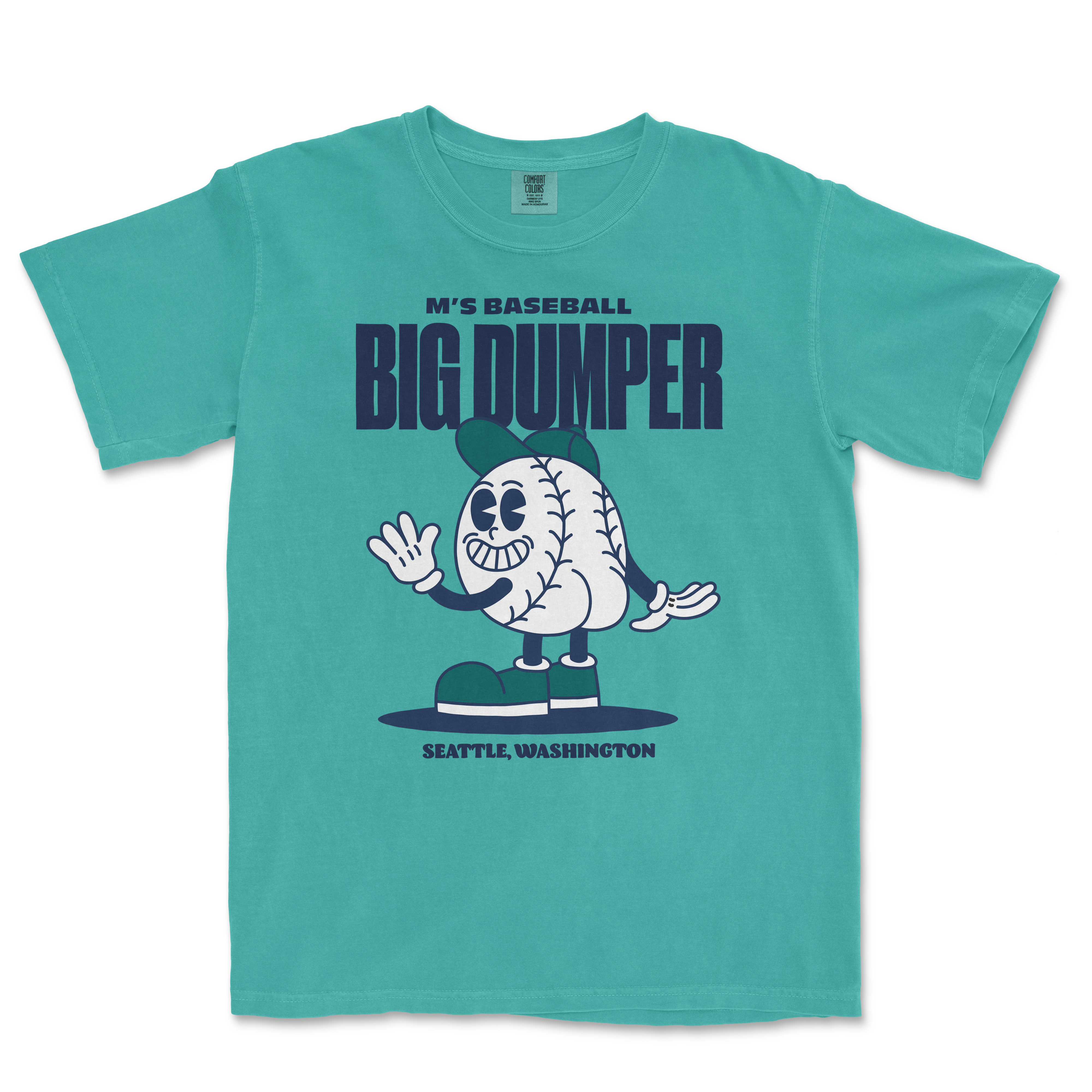 Teal t-shirt featuring a cartoon baseball character named Big Dumper, with text reading "M's Baseball" and "Seattle, Washington.