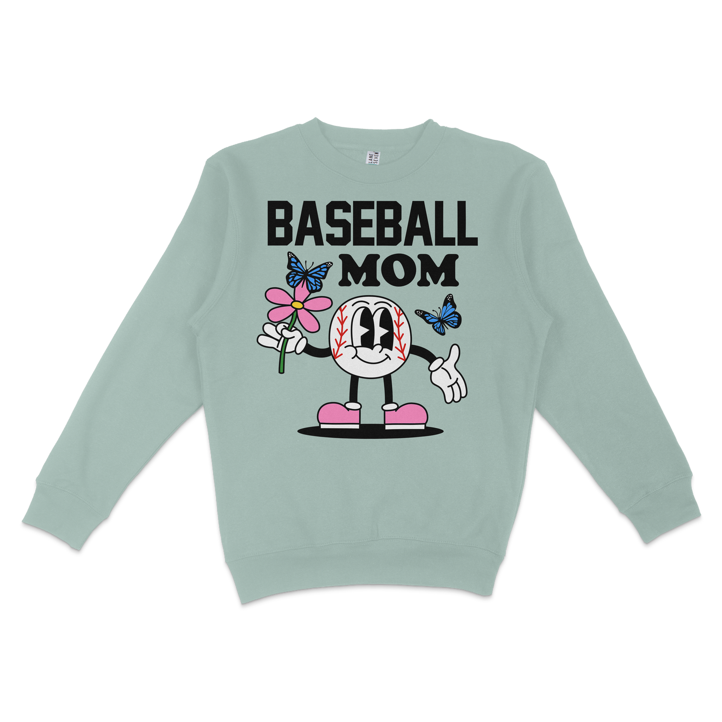 Light green crewneck sweatshirt featuring a cartoon baseball character holding a pink flower, with "Baseball Mom" text and butterflies.