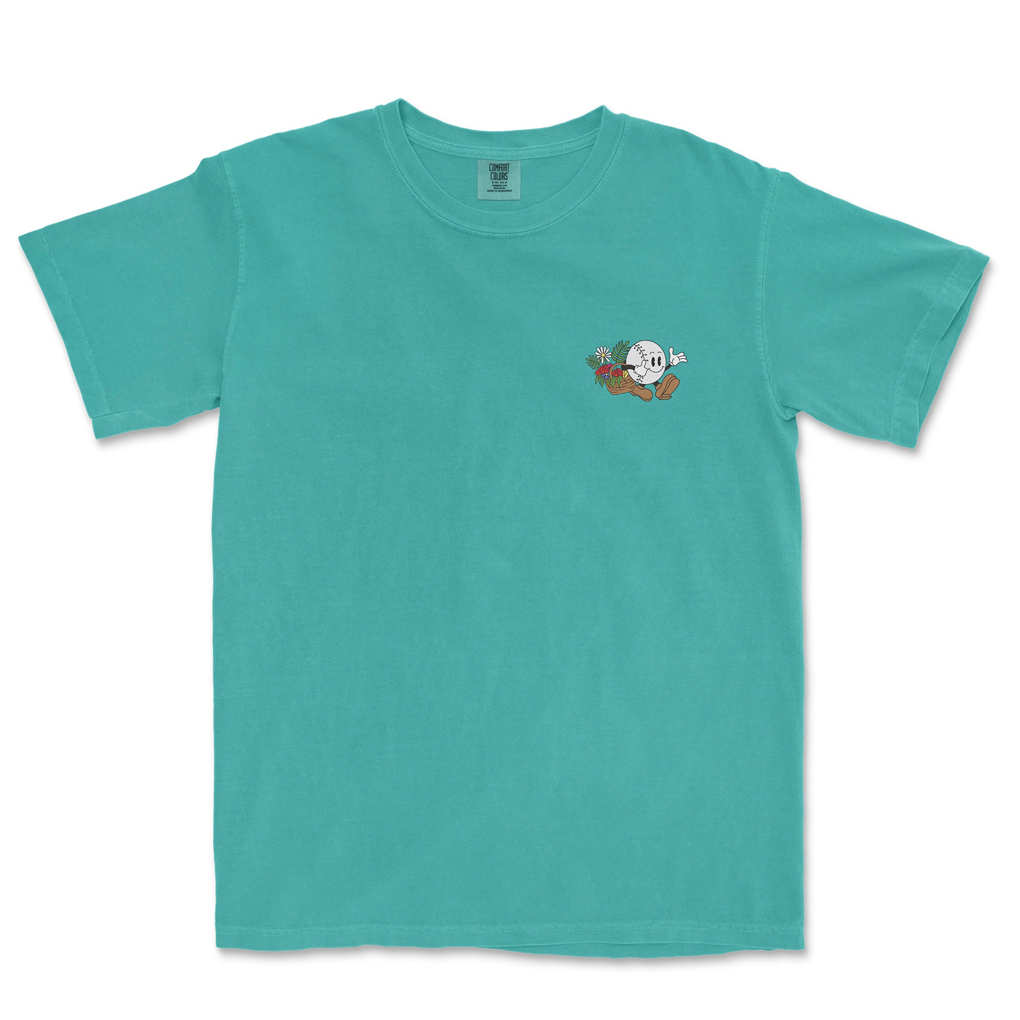 Turquoise Comfort Colors tee featuring a small baseball girl graphic with flowers and a baseball on the front left chest.