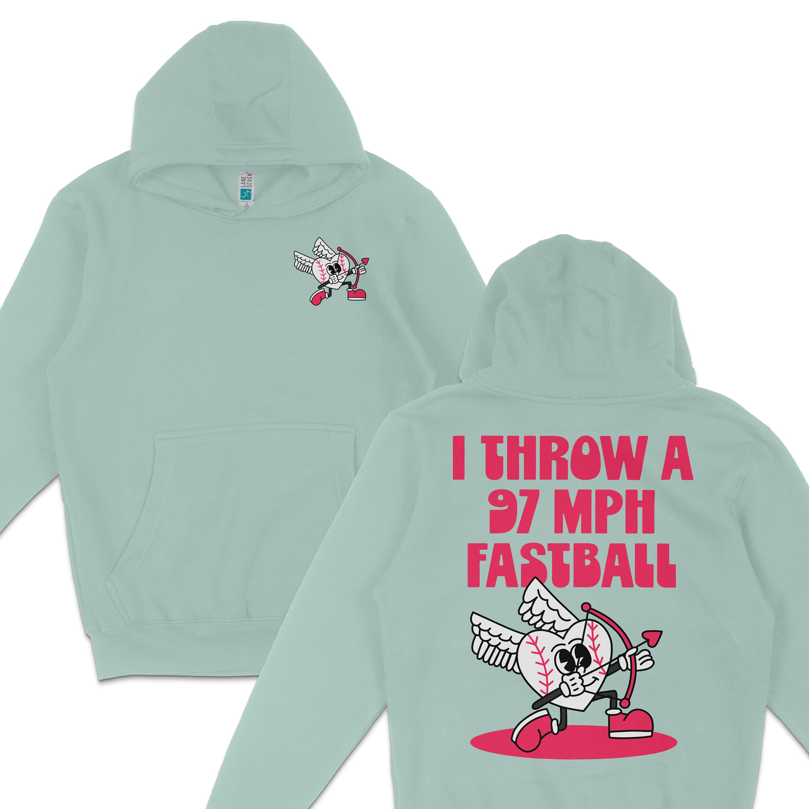 Light green hoodie featuring a cartoon character with wings and a bow, and bold pink text that reads, "I THROW A 97 MPH FASTBALL.