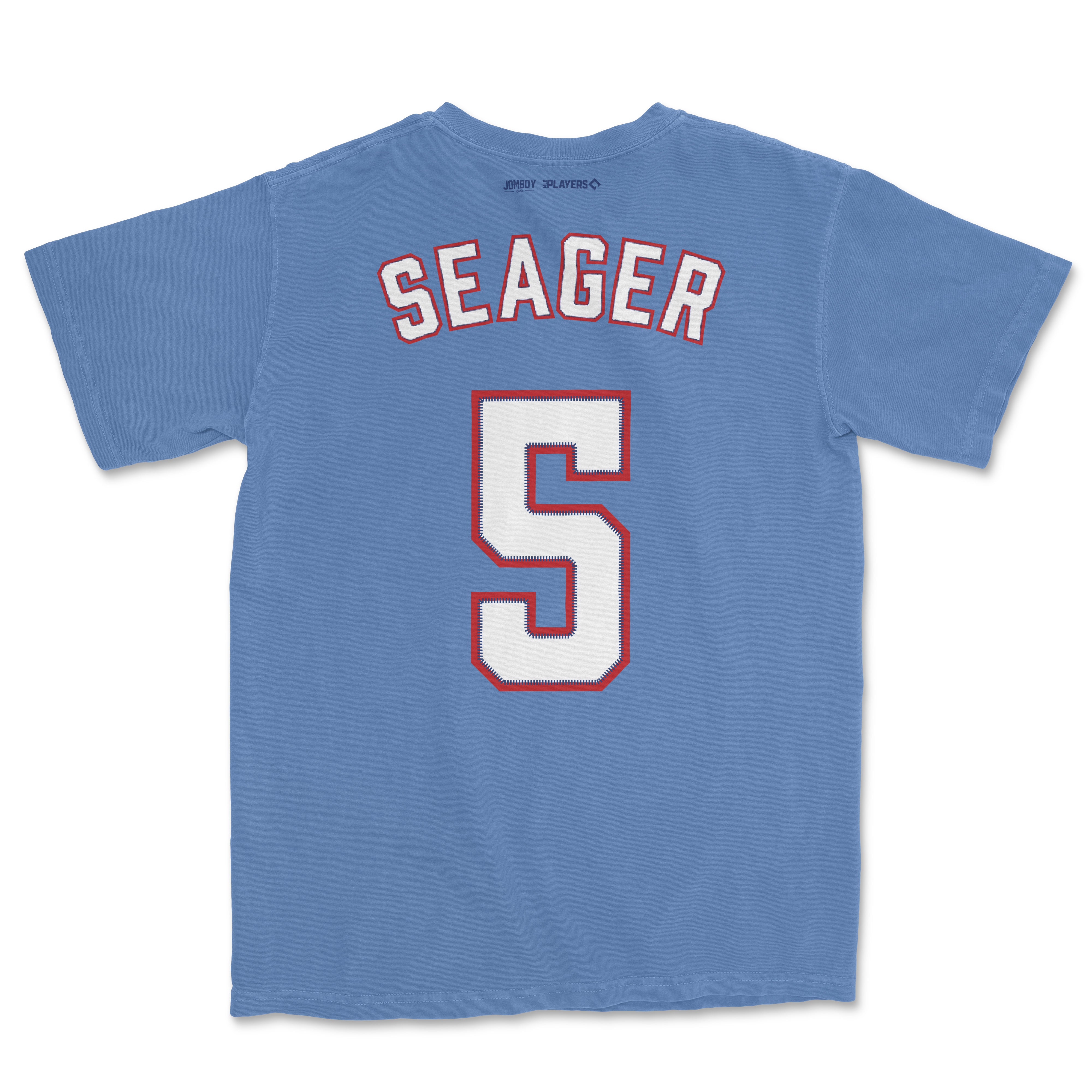 Back of a blue Comfort Colors tee featuring "Seager" and the number 5 in white with red and blue outline, representing Corey Seager.