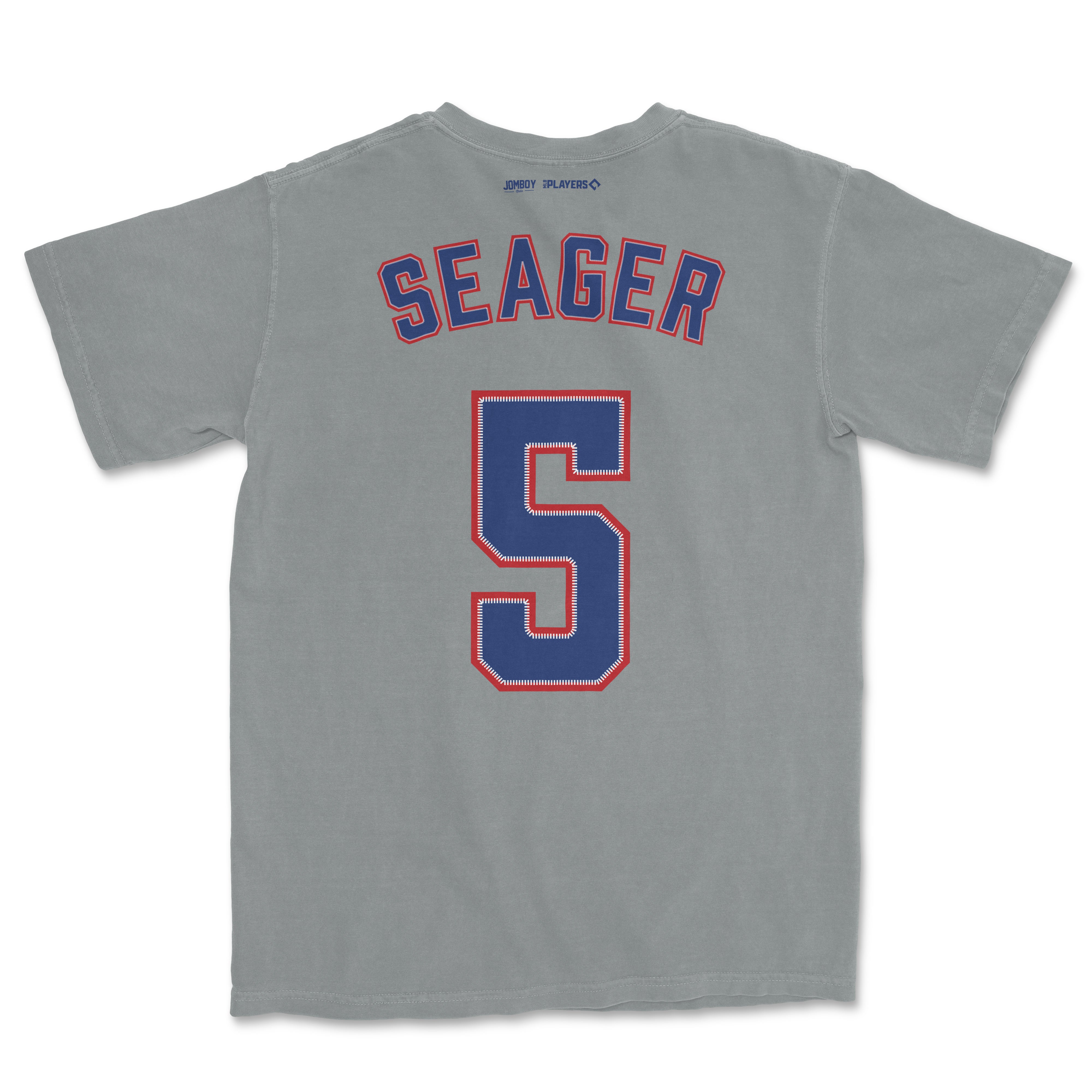 Gray Comfort Colors tee featuring "Seager" and the number 5 in blue and red lettering, representing Corey Seager's baseball jersey.