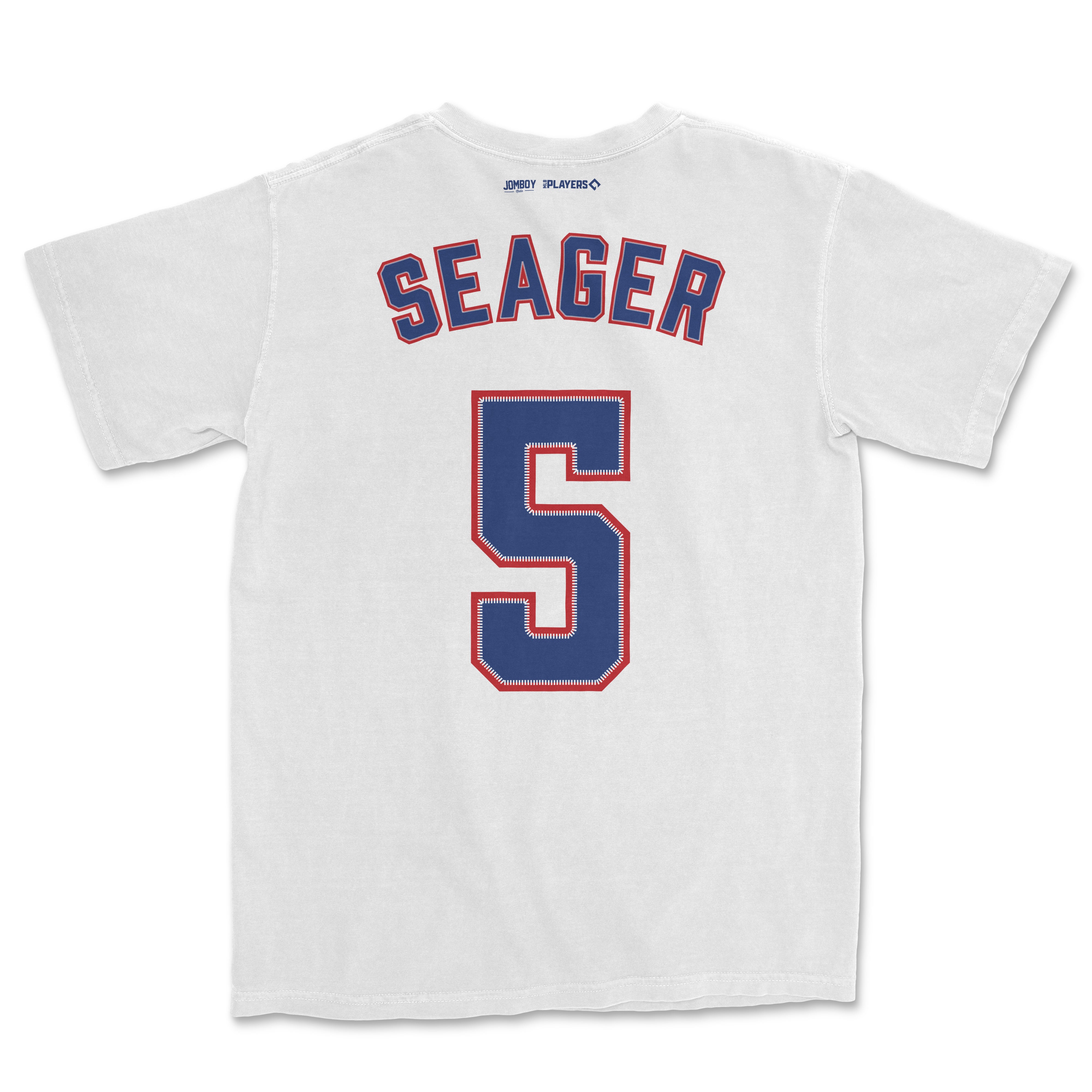 White Comfort Colors tee featuring "Seager" and the number 5 in blue and red lettering, representing Corey Seager's baseball jersey.