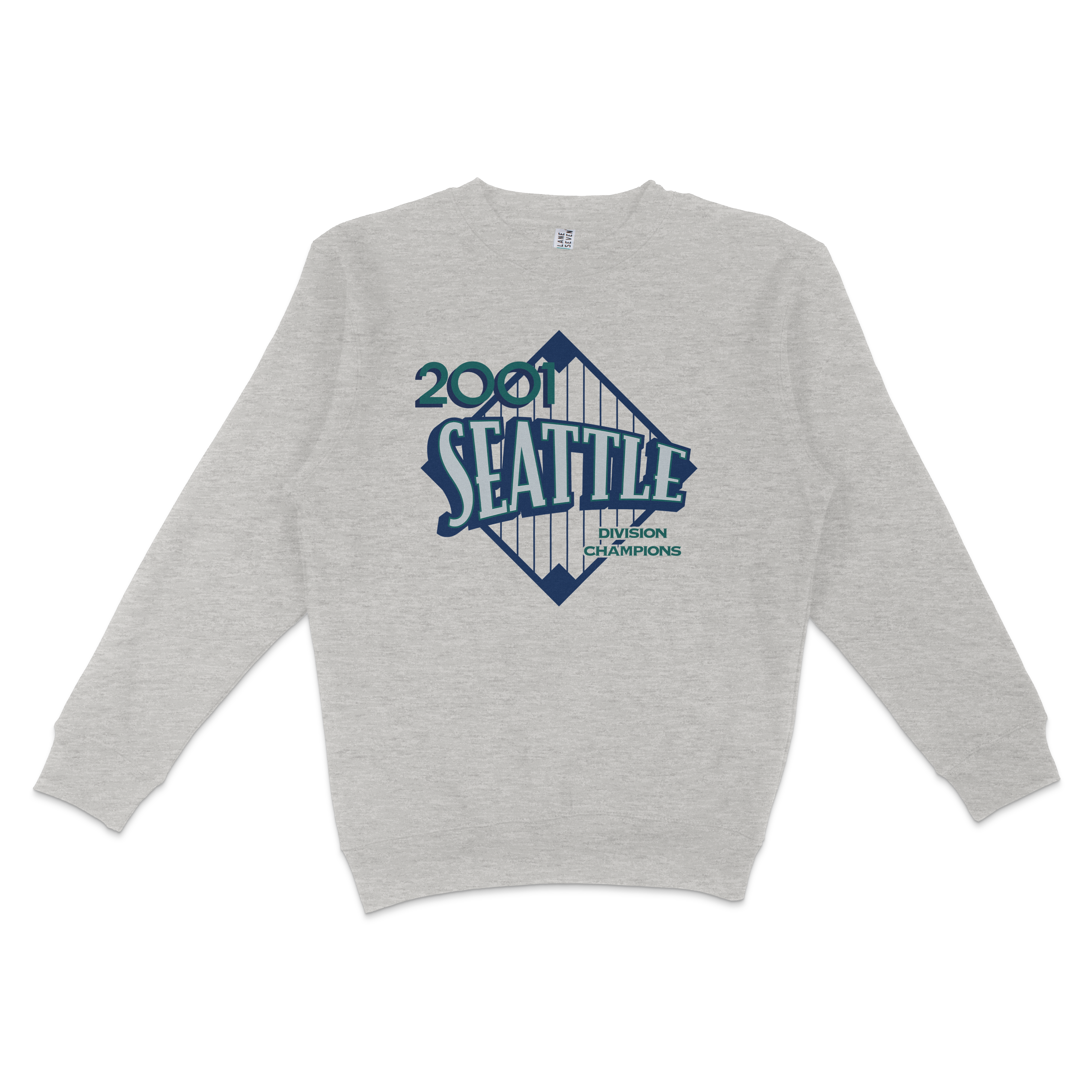 Light gray crewneck sweatshirt featuring a vintage Seattle Mariners design with "2001 Division Champions" text and a stylized baseball graphic.