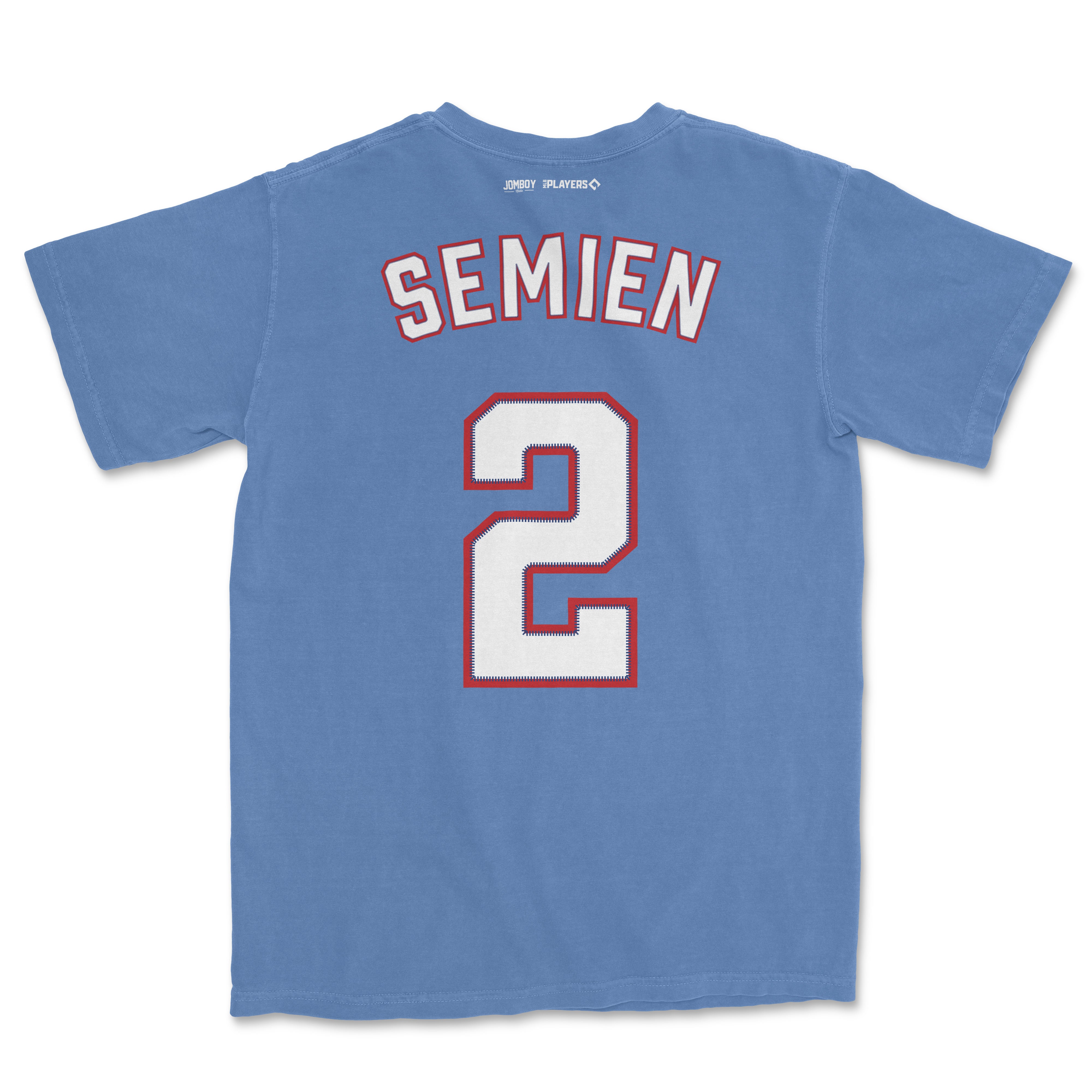 Blue Comfort Colors tee featuring "Semien" and the number "2" in white with red and blue outline, representing a sports jersey style.