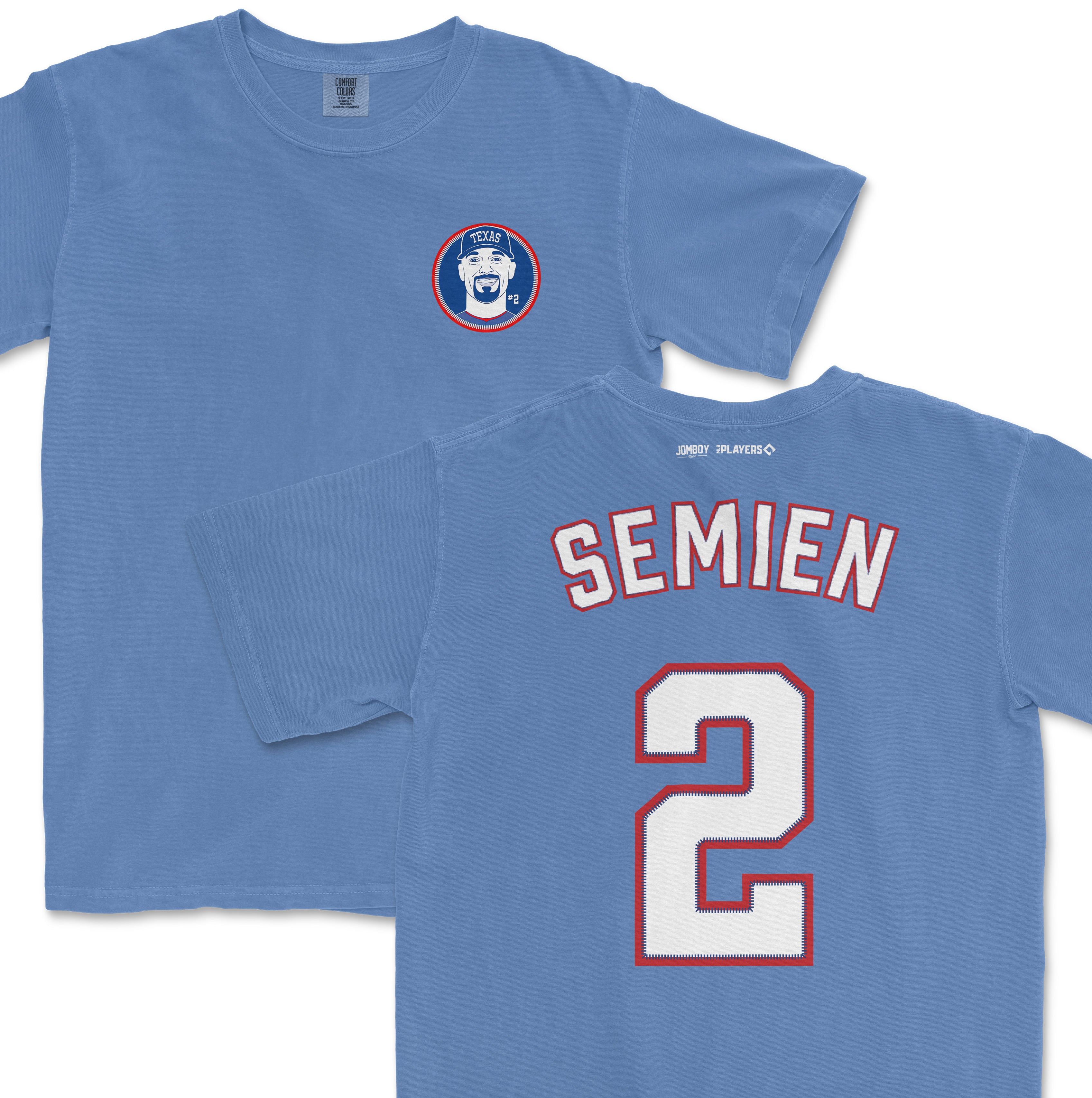 Blue Comfort Colors T-shirt featuring Marcus Semien's name and number 2 on the back, with a Texas-themed graphic on the front.