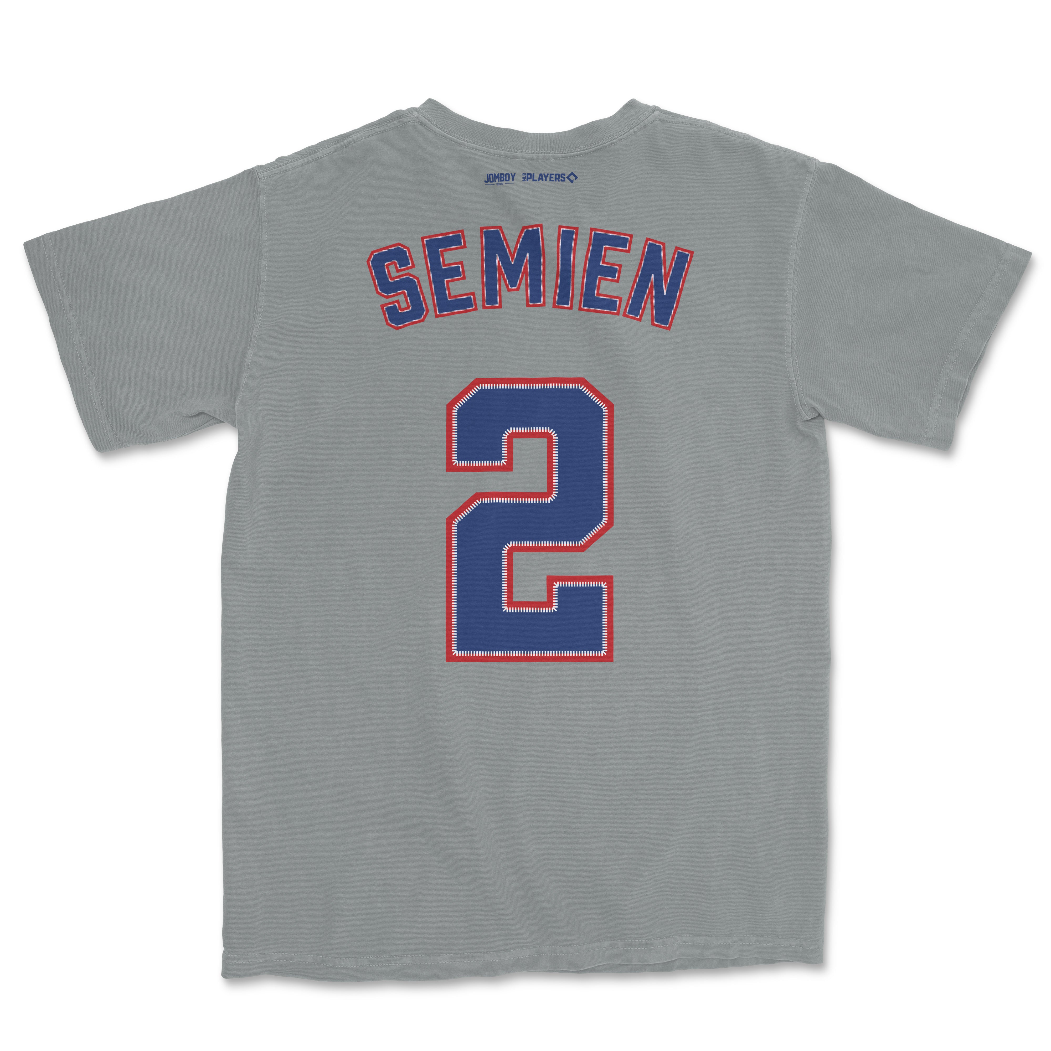 Gray Comfort Colors T-shirt featuring "Semien" and the number 2 in blue and red, styled like a sports jersey.