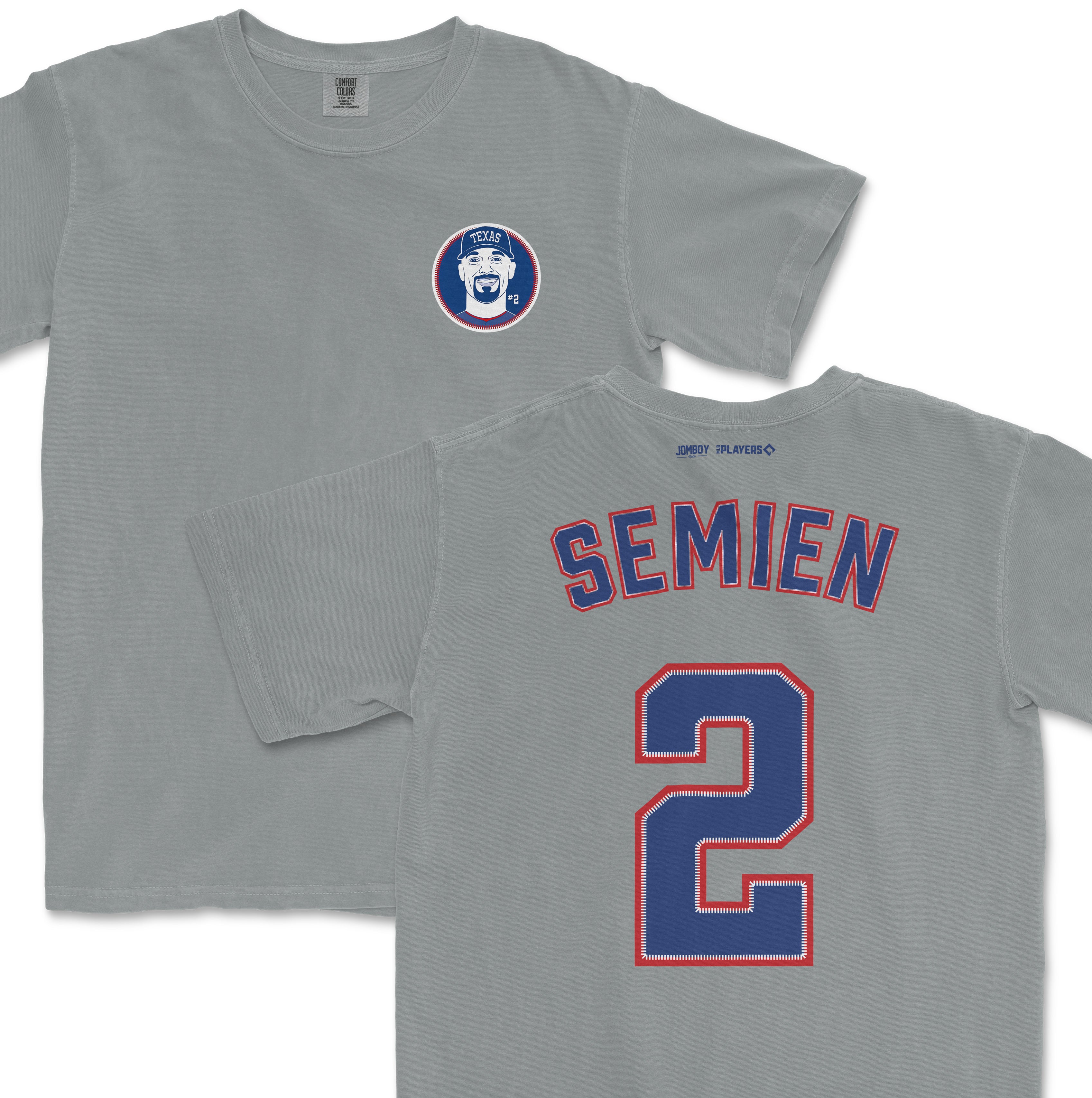 Gray Comfort Colors T-shirt featuring a Marcus Semien Texas Rangers logo on the front and "SEMIEN 2" in bold red and blue on the back.
