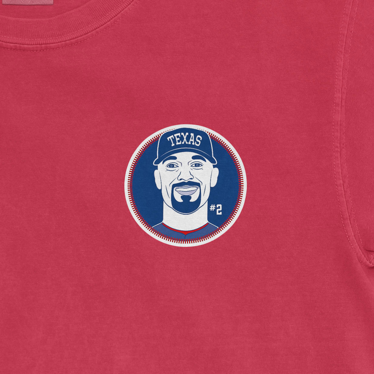 Red Comfort Colors tee featuring a graphic of Marcus Semien with a Texas cap, smiling, with "#2" on the design.