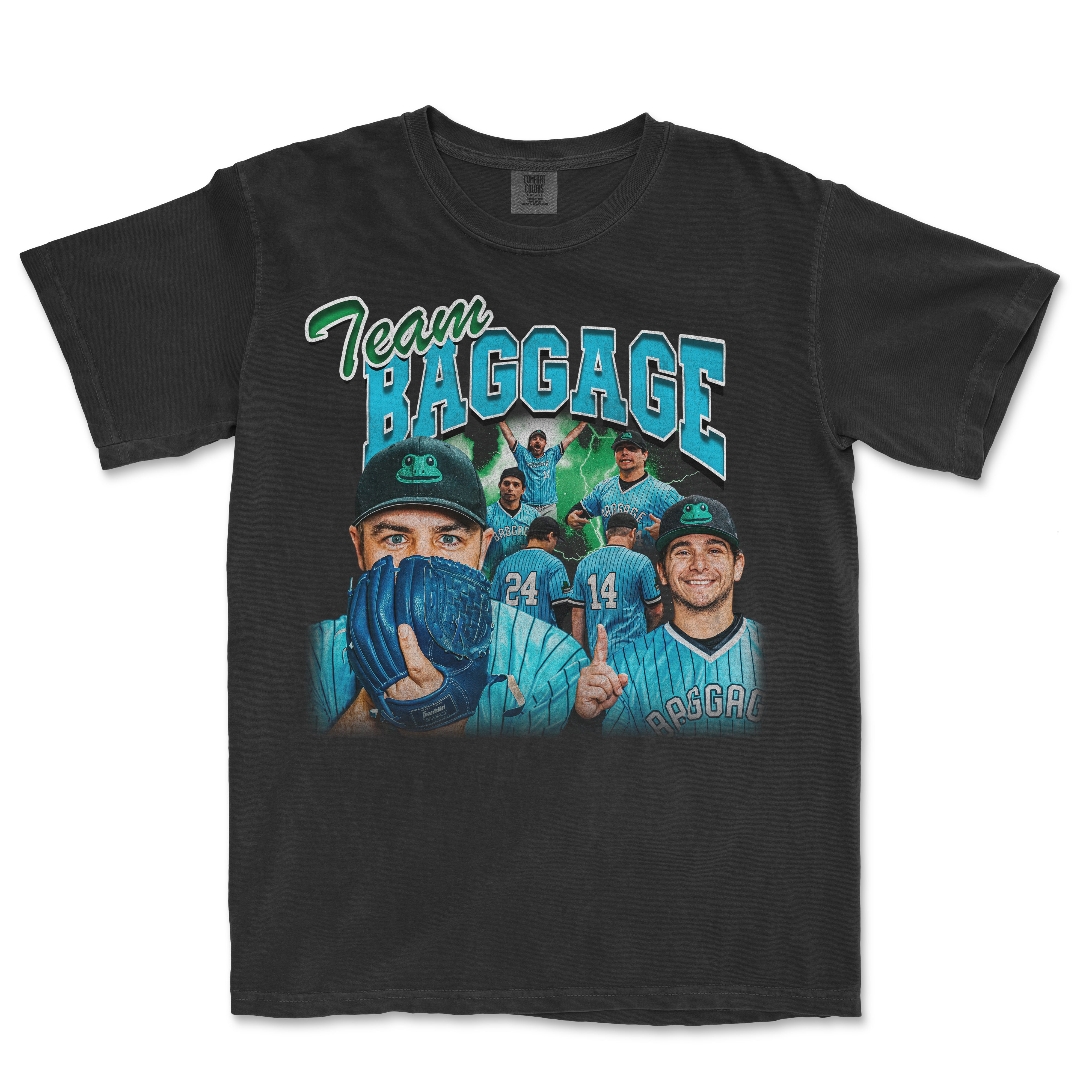 Black T-shirt featuring a 90's team design with vintage-style "Team Baggage" graphics and players in blue jerseys.