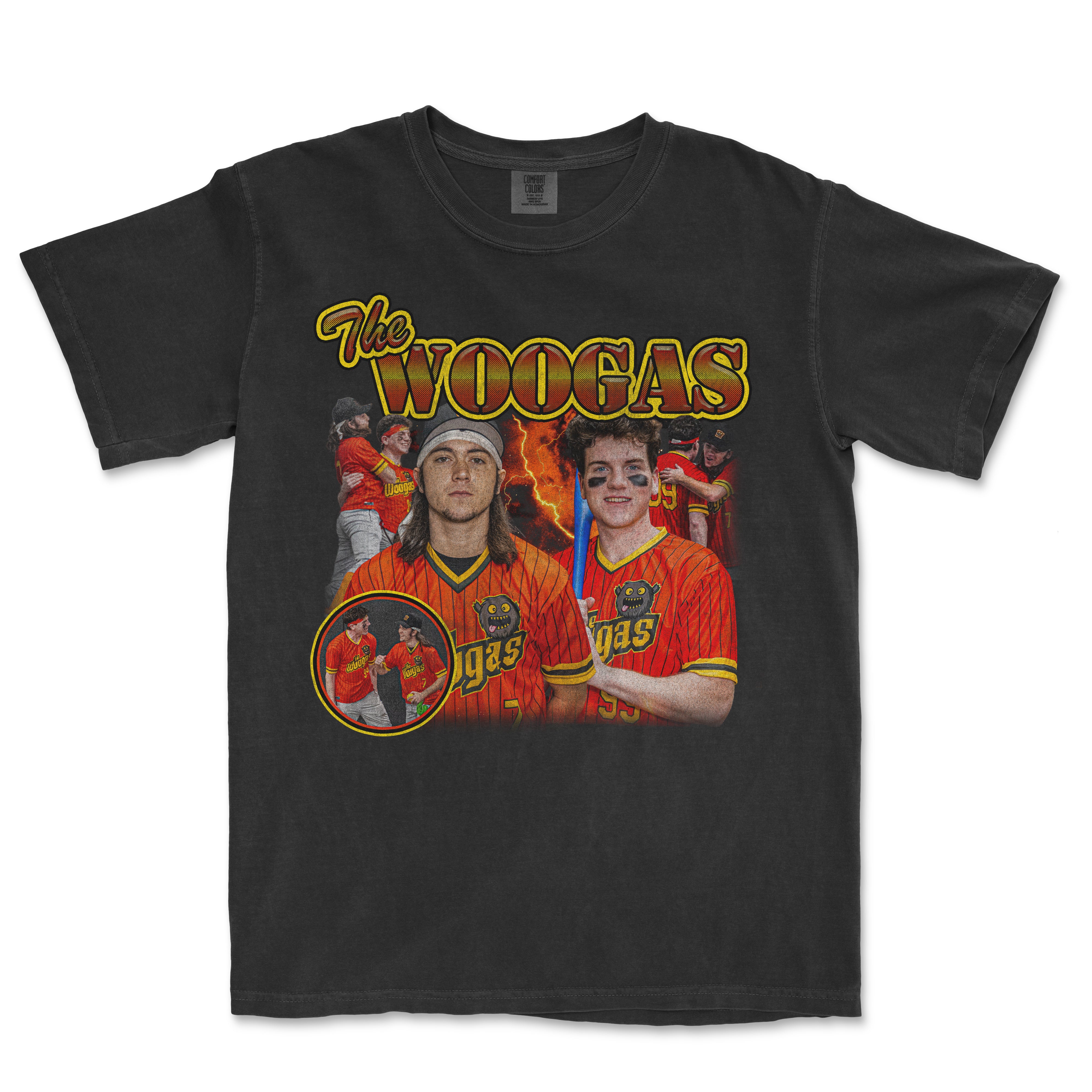 Black T-shirt featuring a vintage-inspired graphic of the Woogas 90's Team, with two young players in red jerseys and bold retro text.