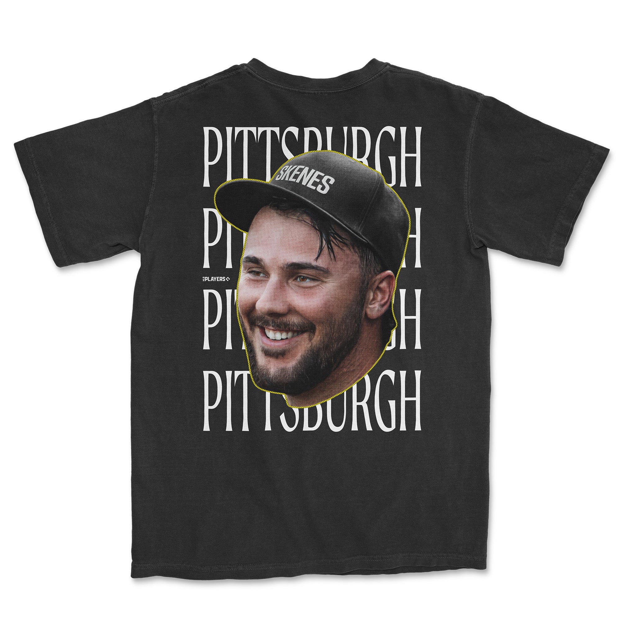 Paul Skenes Head in the Game Series alternate shirt featuring a large graphic of Skenes smiling with "Pittsburgh" text in the background.