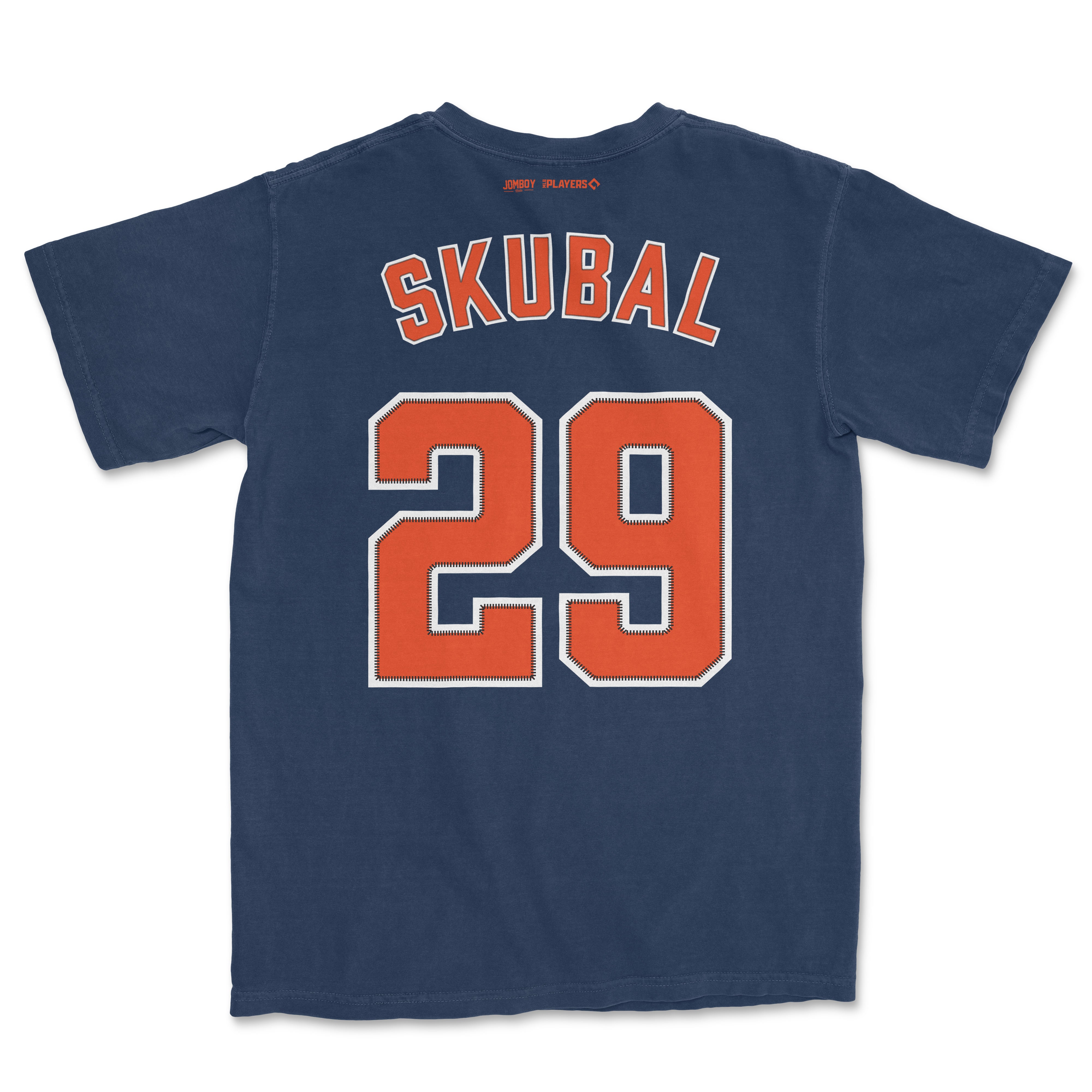 Back of a navy blue Tarik Skubal baseball shirsey with orange and white number 29 and "Skubal" name on top.
