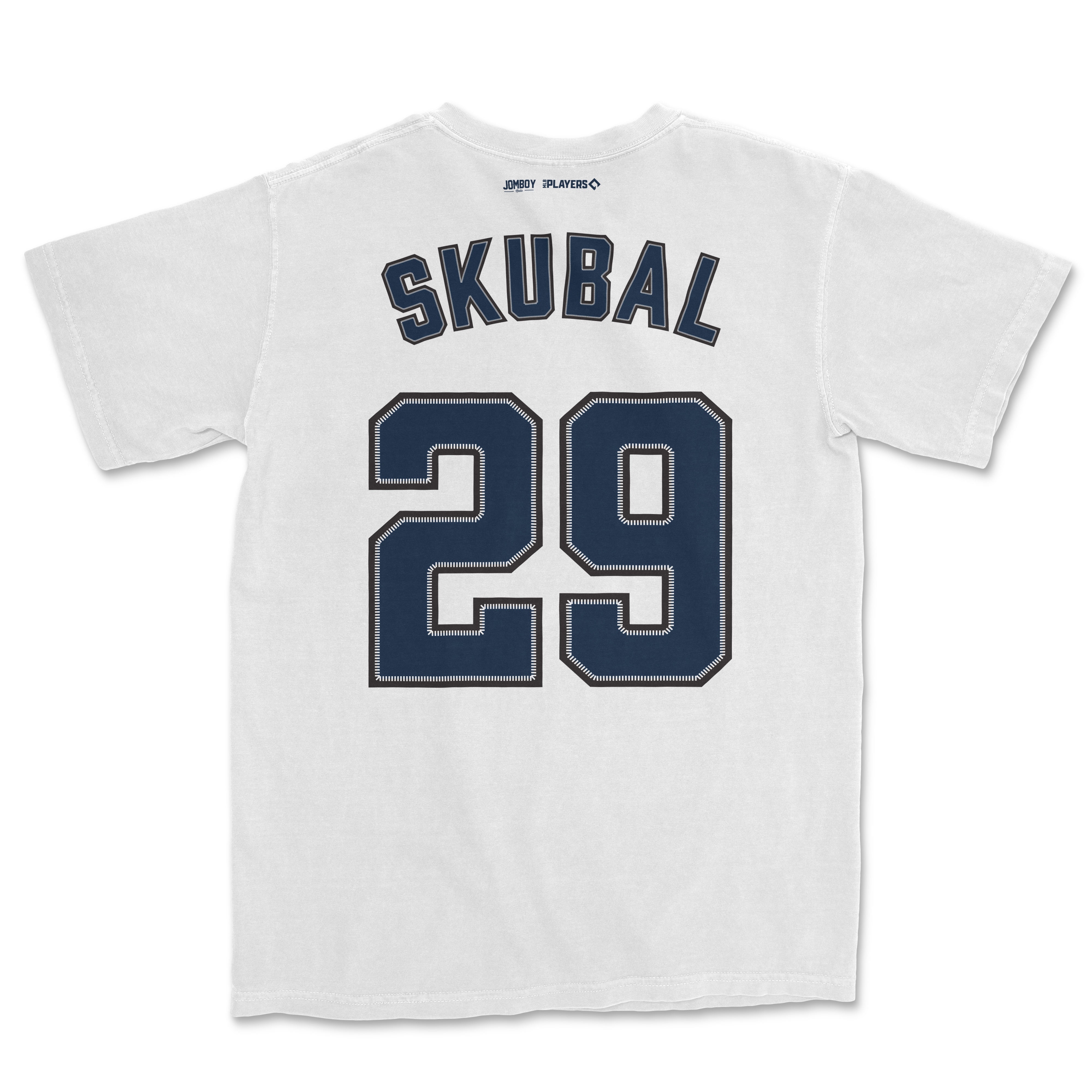 White Tarik Skubal baseball shirsey with navy blue name "SKUBAL" and number "29" on the back.