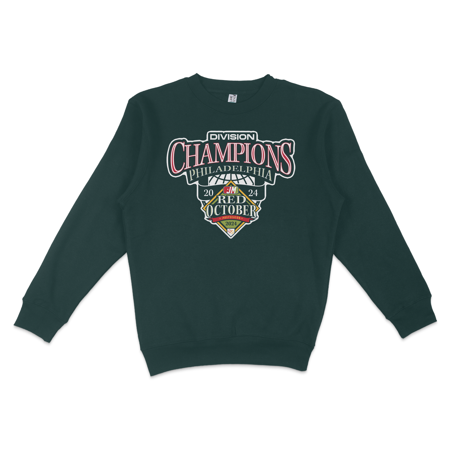 Dark green crewneck sweatshirt featuring colorful "PHI Division Champions" and "Red October 2024" graphic design.