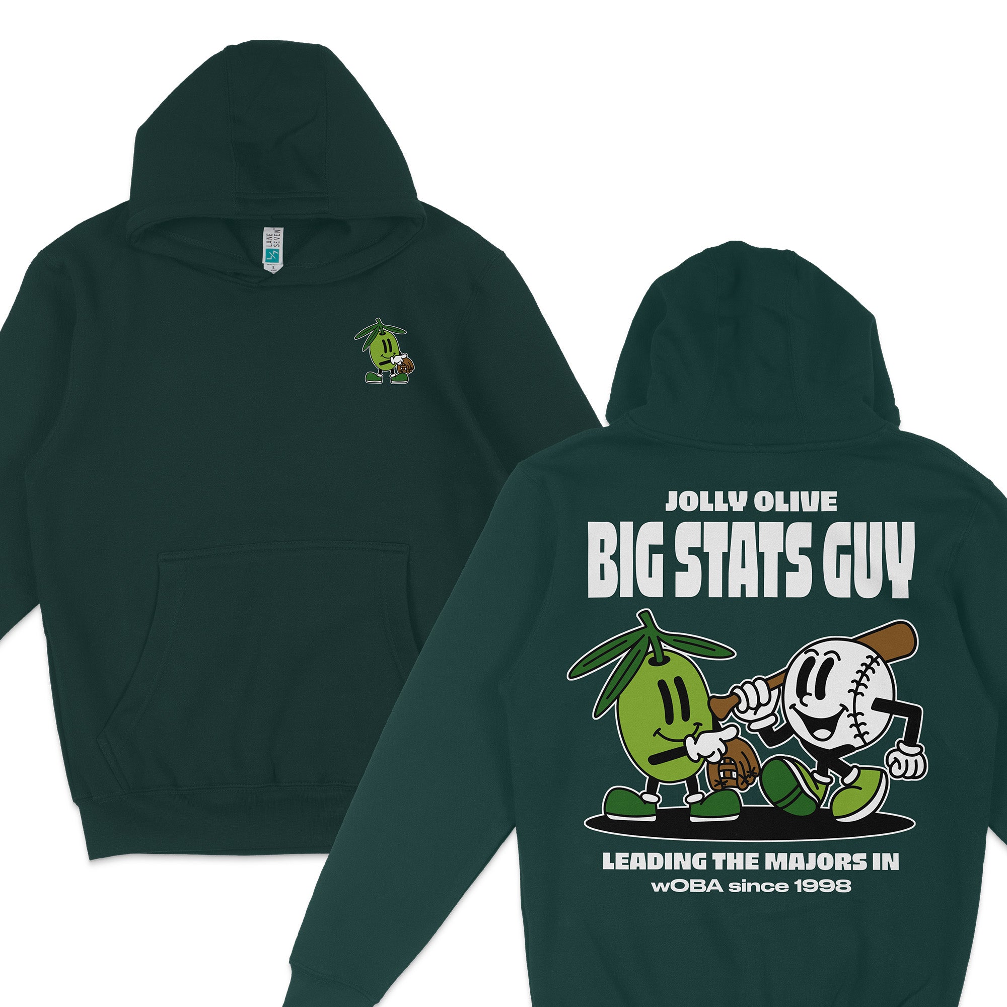 Big Stats Guy Hoodie from The Jolly Olives Collection featuring playful graphics and a cozy design for sports fans.