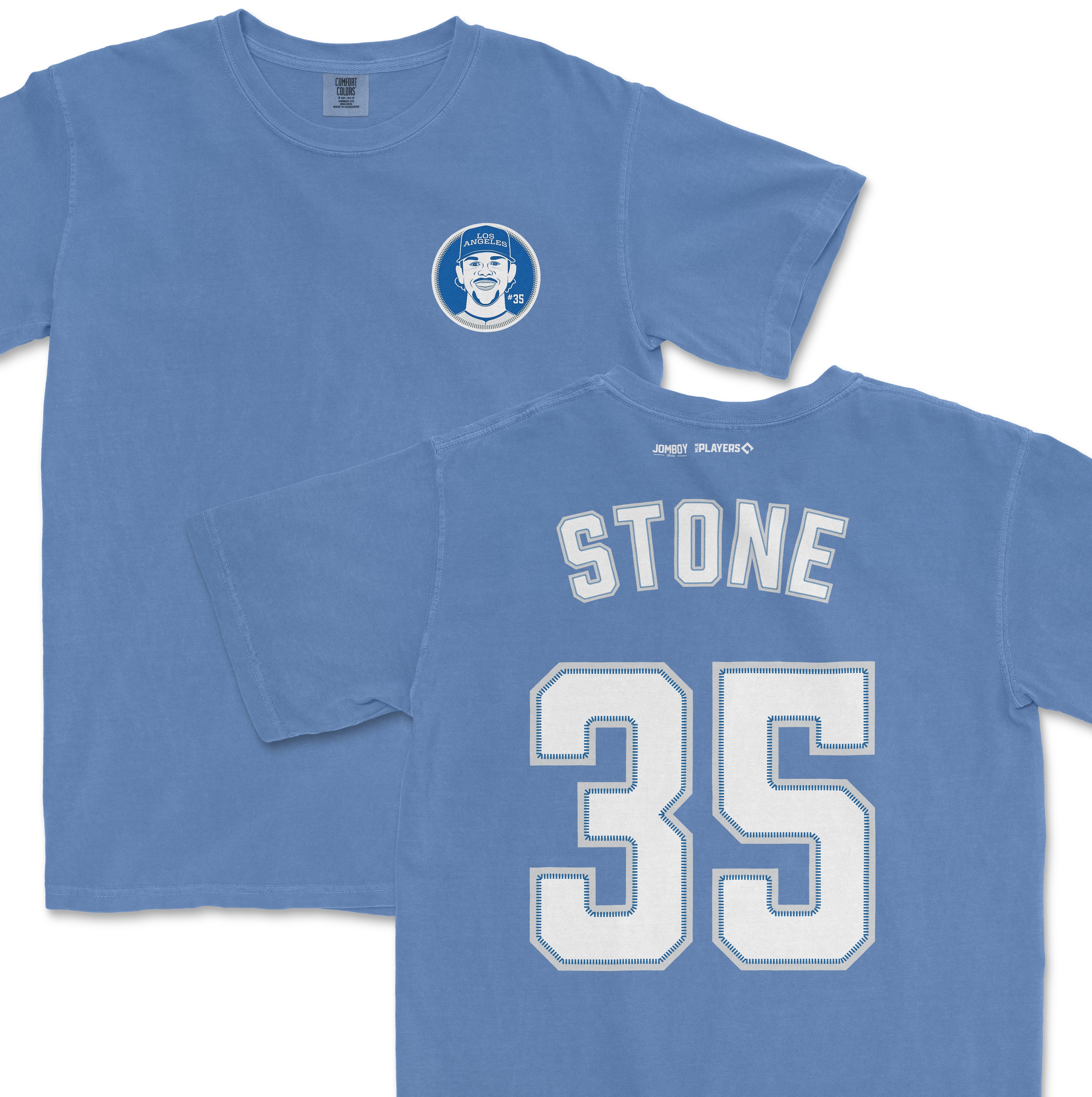 Blue Comfort Colors T-shirt featuring a Gavin Stone Shirsey design, with a front logo and back sports jersey-style name and number.