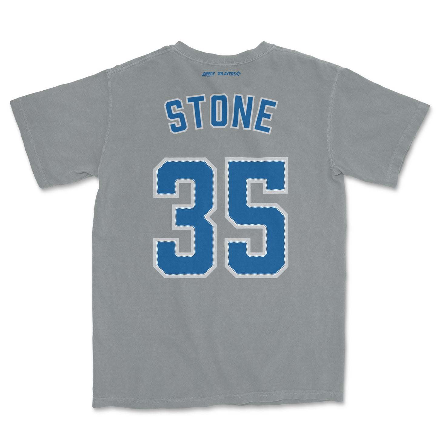 Gray Comfort Colors tee featuring "Stone" and the number 35 in blue and white varsity-style lettering on the back.