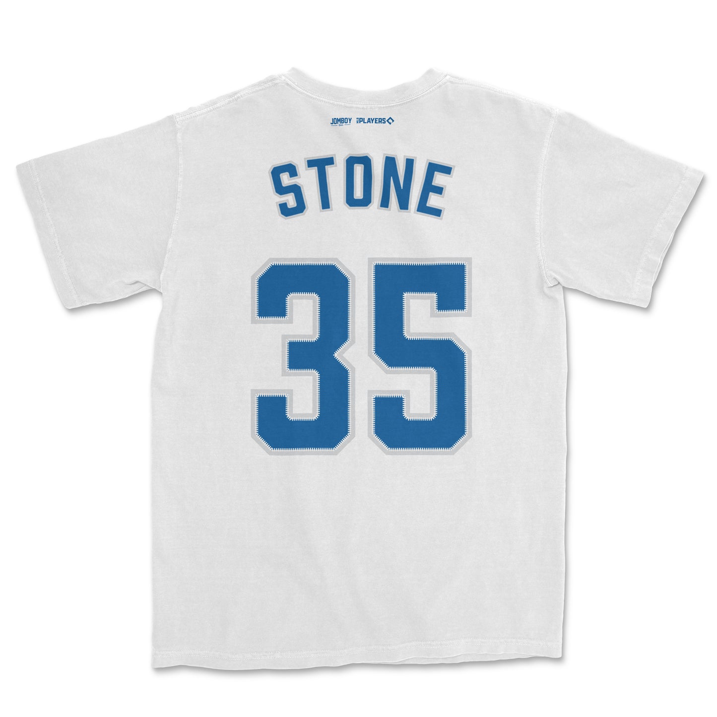 White Comfort Colors tee featuring "Stone" name and number 35 in blue, with small logos at the back neckline.