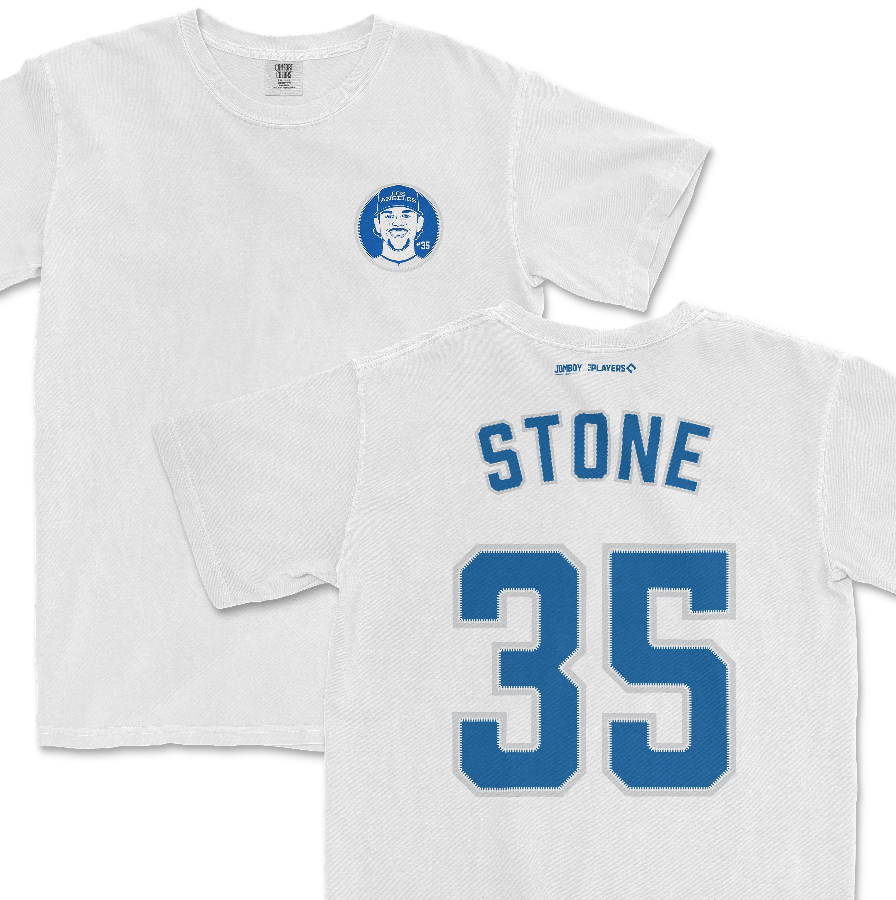 White Comfort Colors tee featuring "Gavin Stone" and the number 35 in blue, with a small graphic of a smiling face on the front.
