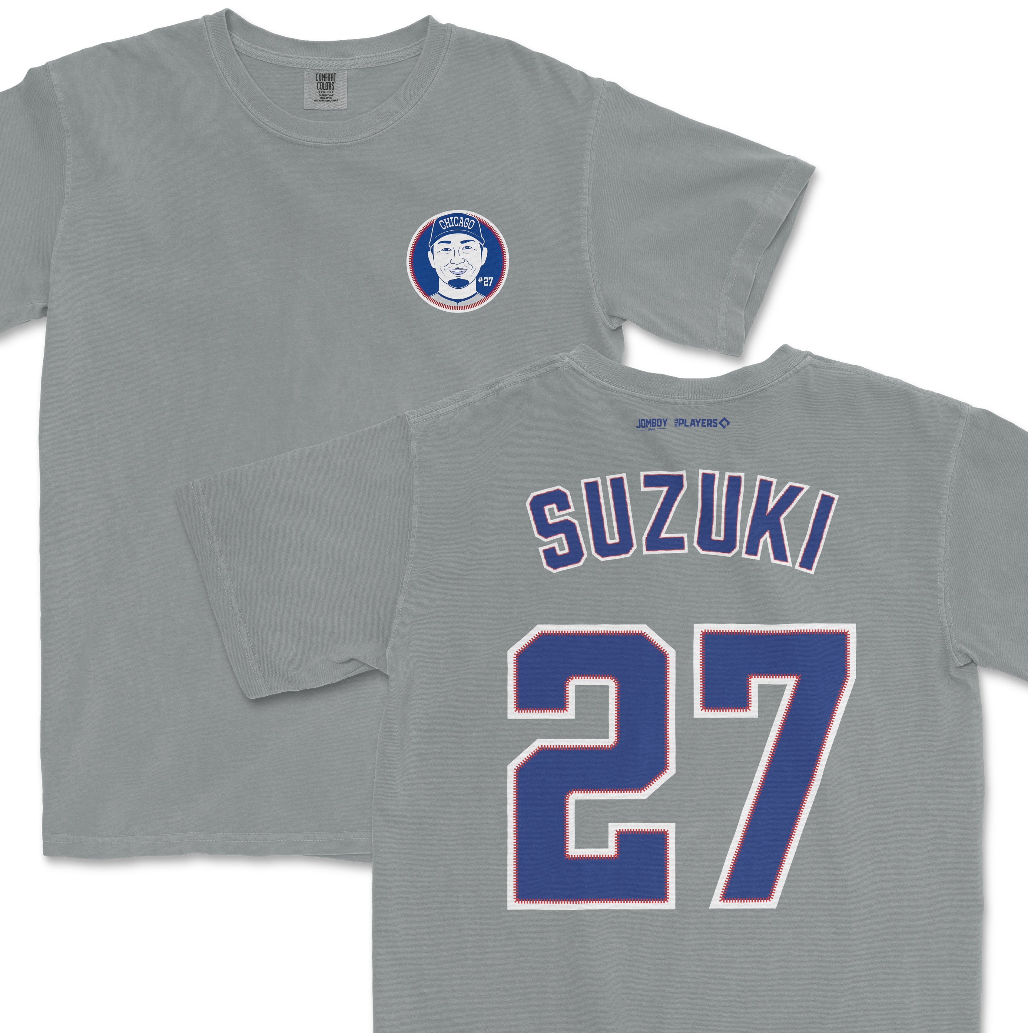 Gray Seiya Suzuki Shirsey with "Suzuki" and the number "27" printed on the back, and a Chicago-themed graphic on the front.