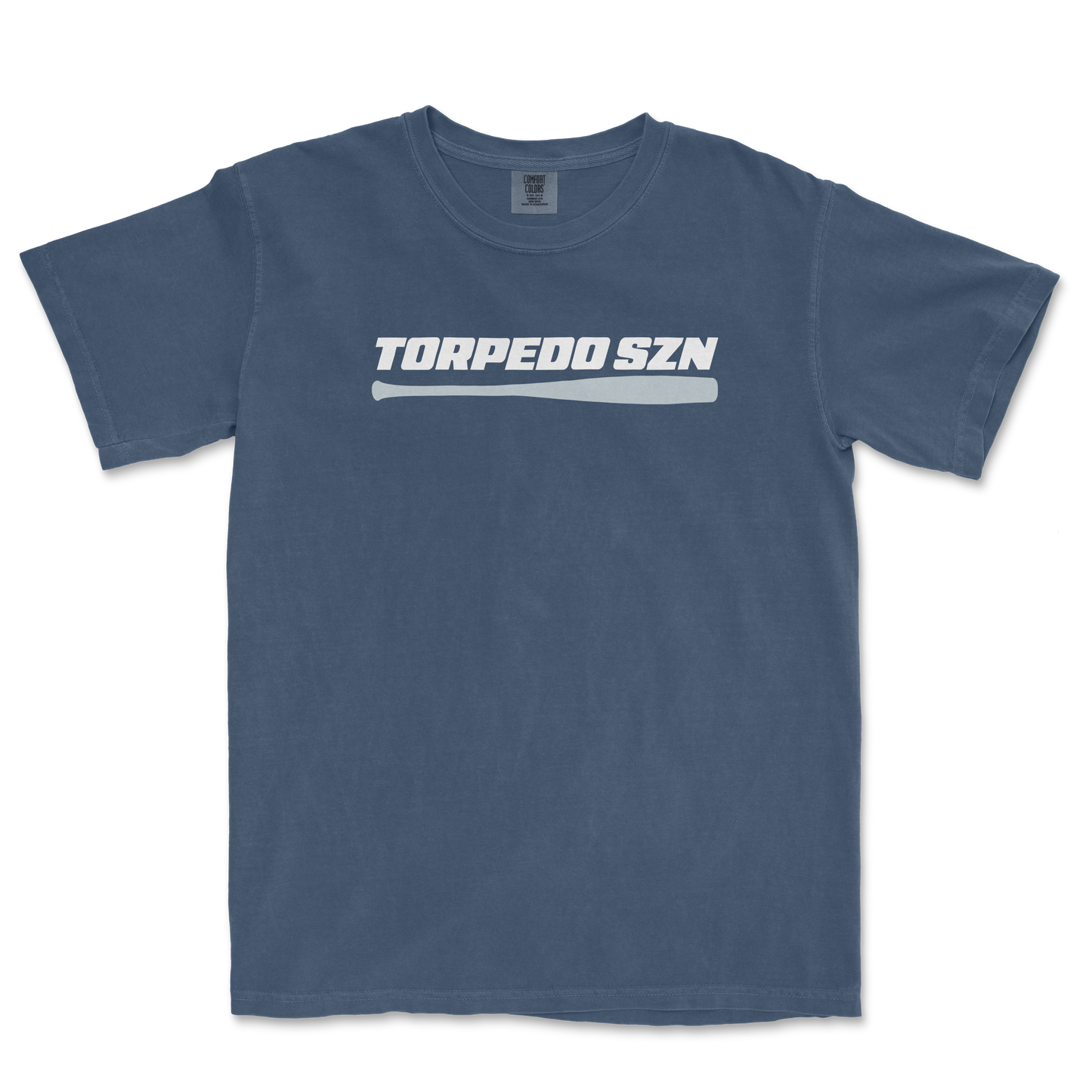 Blue T-shirt featuring the text "TORPEDO SZN" with a graphic of a torpedo underneath, centered on the front.