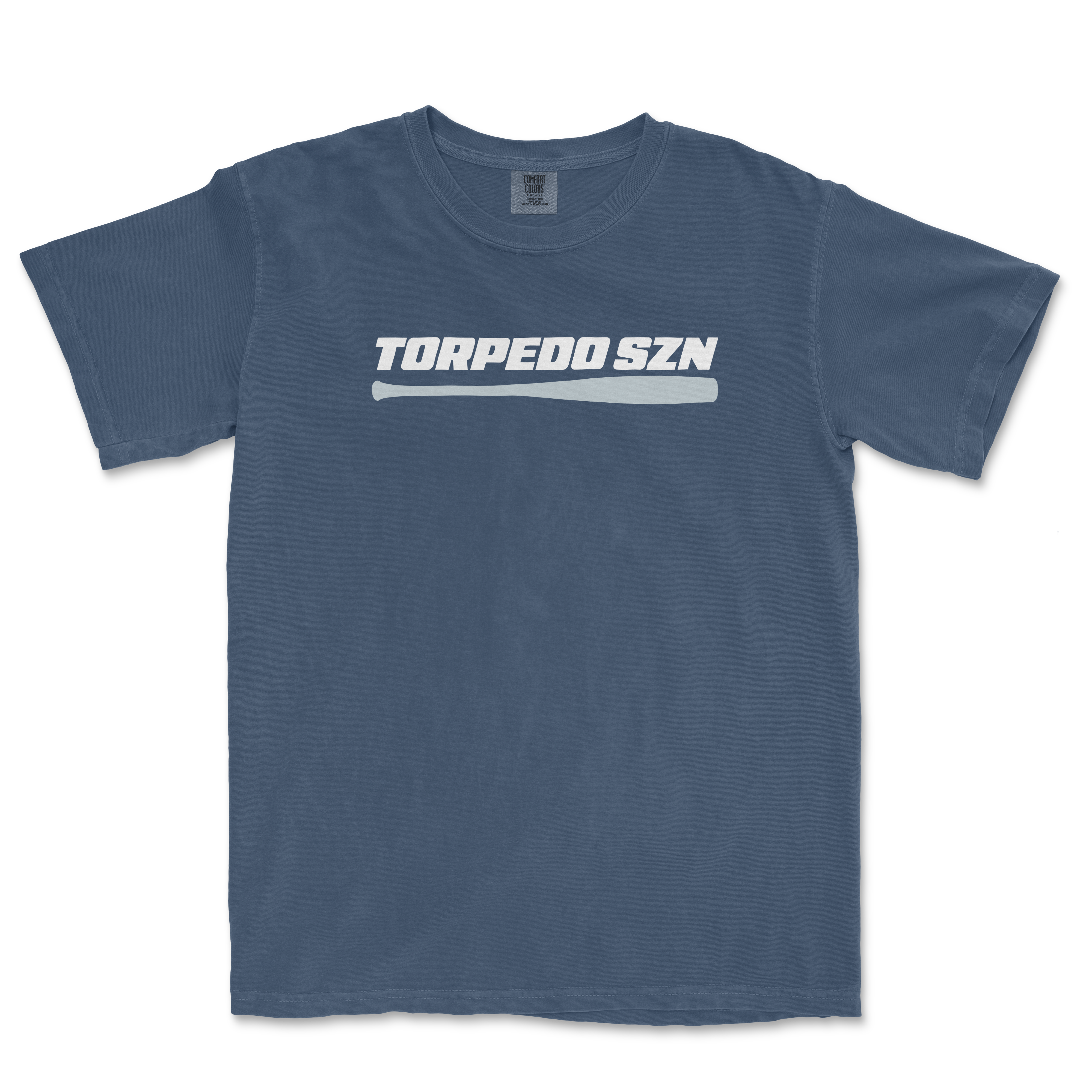 Blue T-shirt featuring the text "TORPEDO SZN" with a graphic of a torpedo underneath, centered on the front.