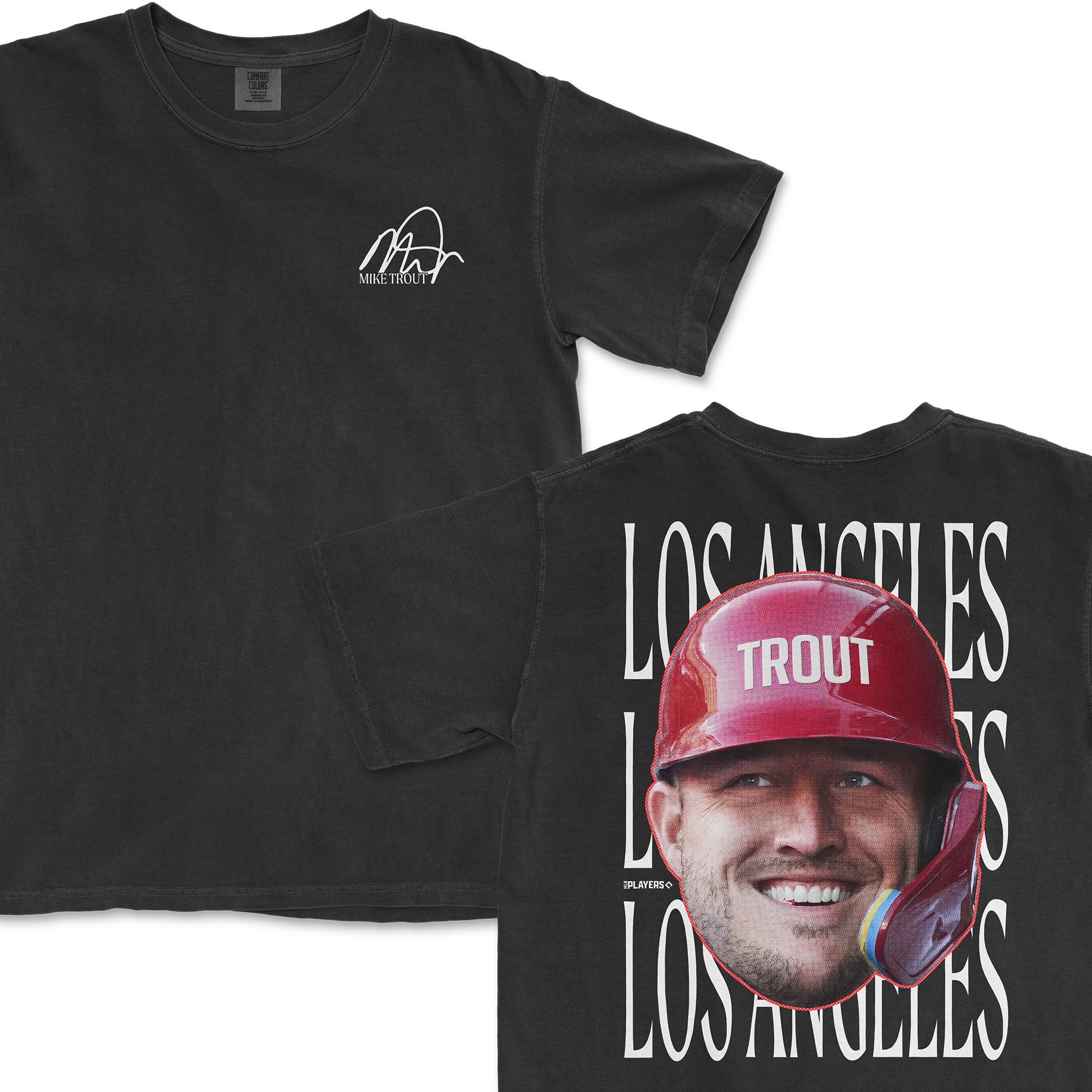 Mike Trout Head in the Game Series alternate t-shirt featuring a large graphic of Trout's face and "Los Angeles" text.