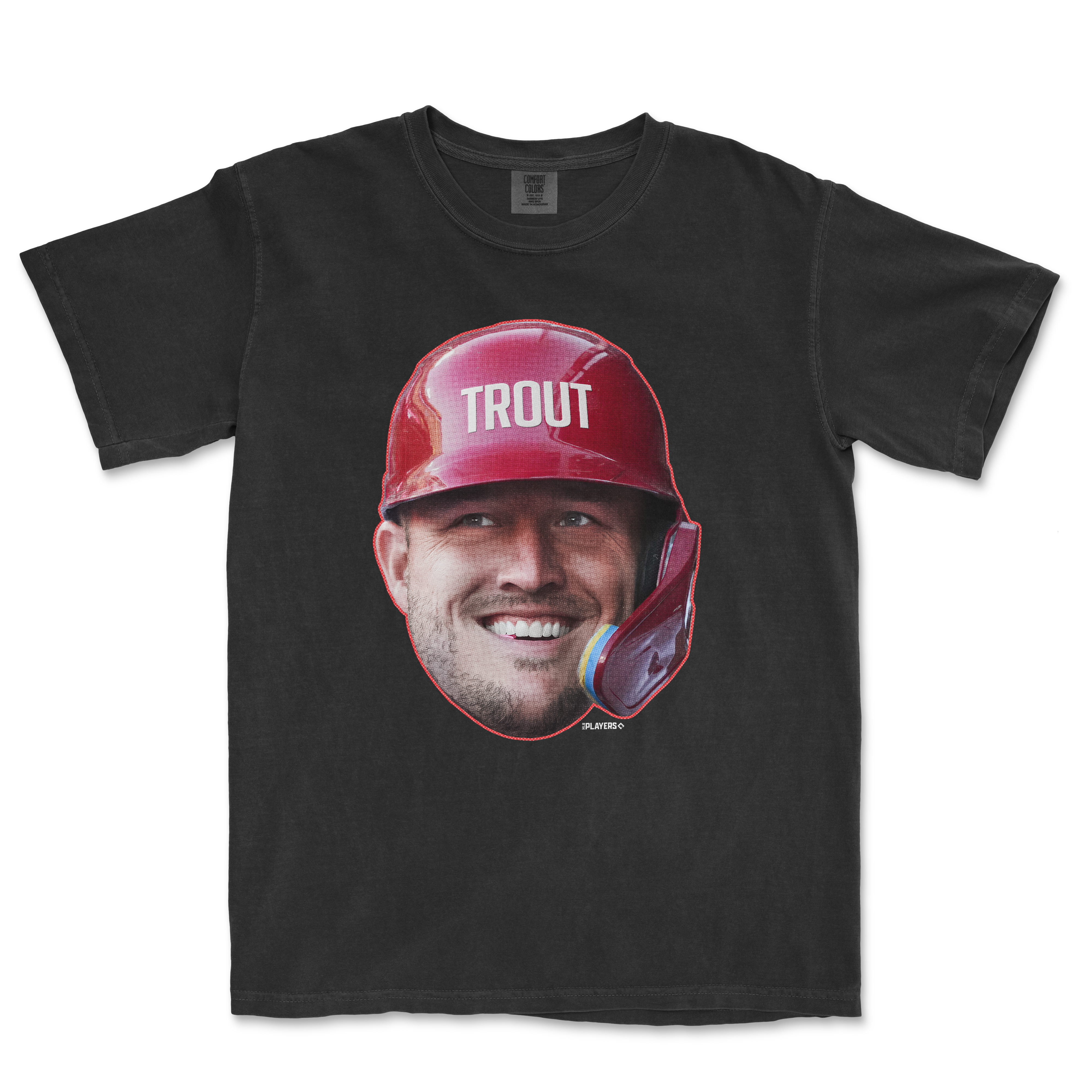 Black t-shirt featuring a large graphic of Mike Trout's smiling face with a red helmet and the name "TROUT" above.