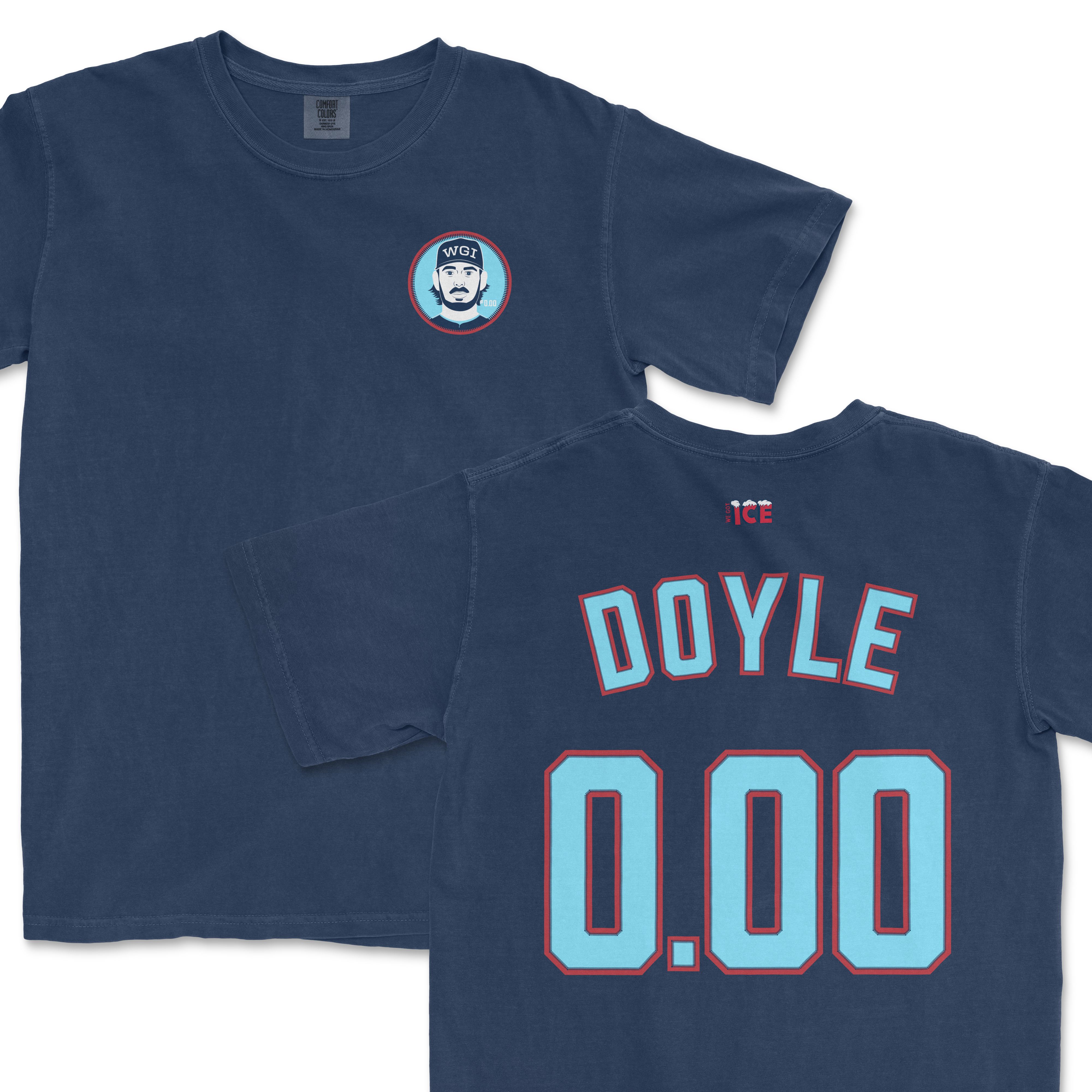 Jack Doyle 0.00 ERA Shirsey featuring a front logo and bold back design in navy blue and light blue colors.