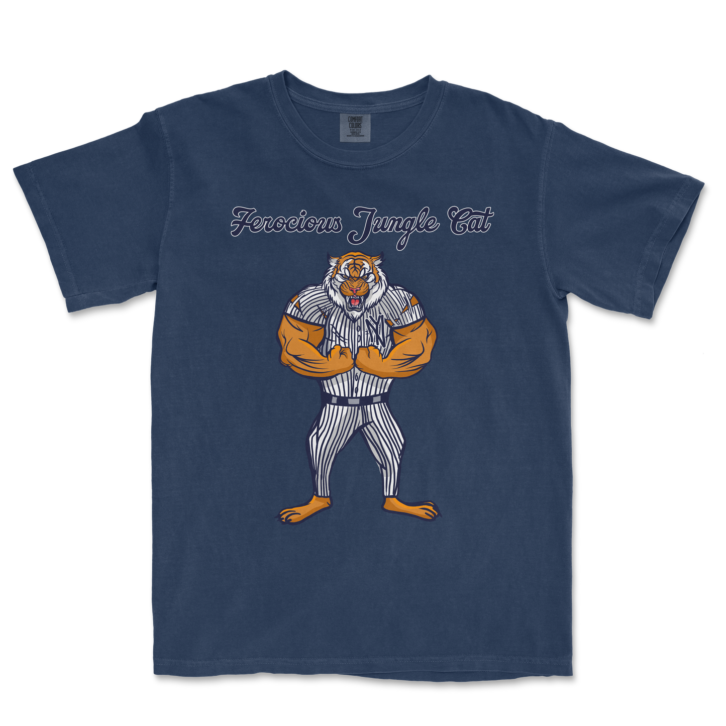 Comfort Colors T-shirt featuring a fierce jungle cat with muscular arms, striped shirt, and "Ferocious Jungle Cat" text.