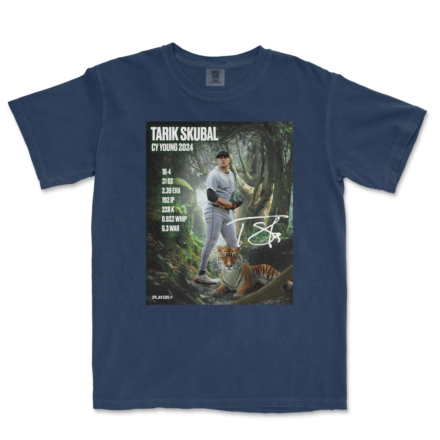 Tarik Skubal Cy Young 2024 t-shirt featuring a baseball player in a forest background with stats and signature.