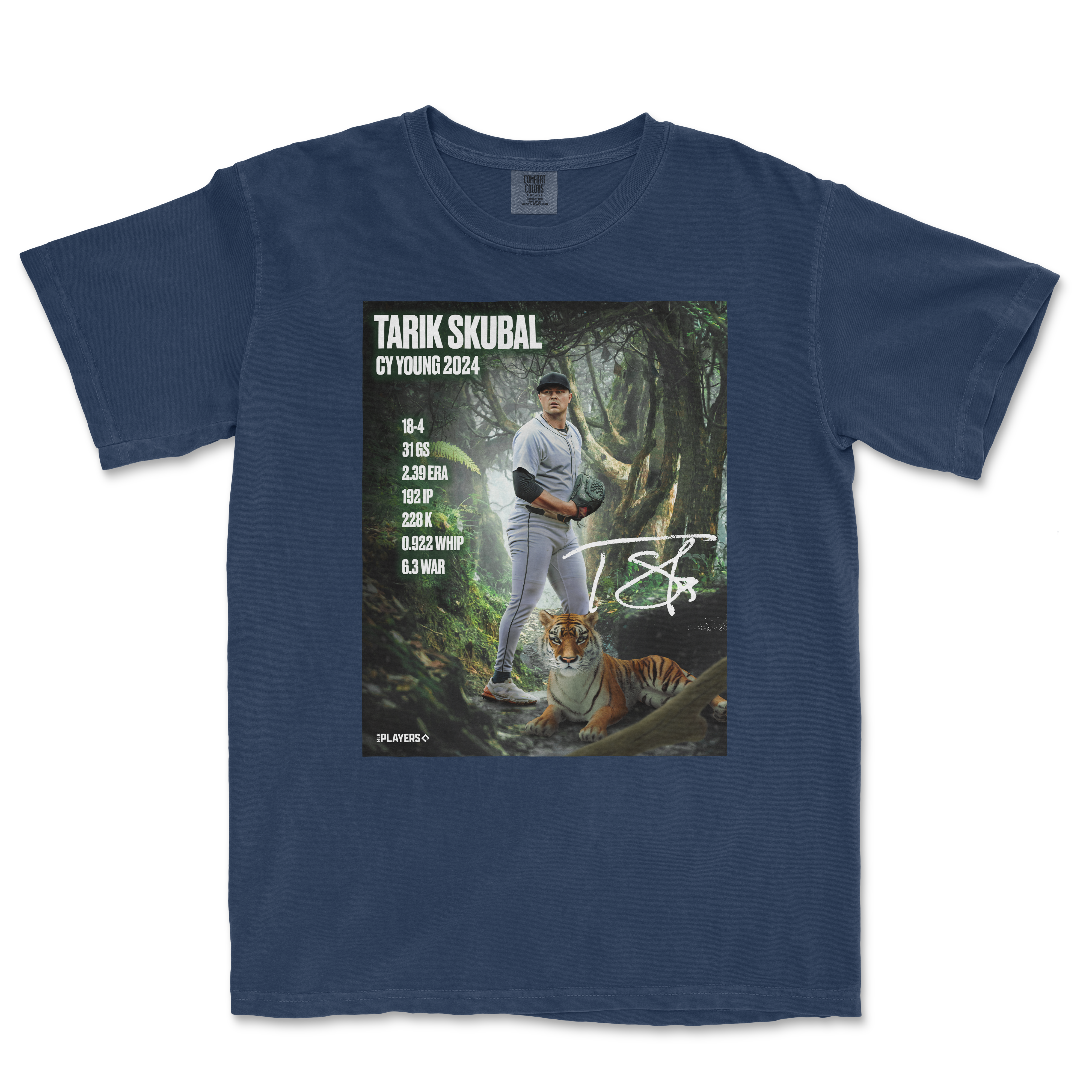 Tarik Skubal Cy Young 2024 t-shirt featuring a baseball player in a forest background with stats and signature.