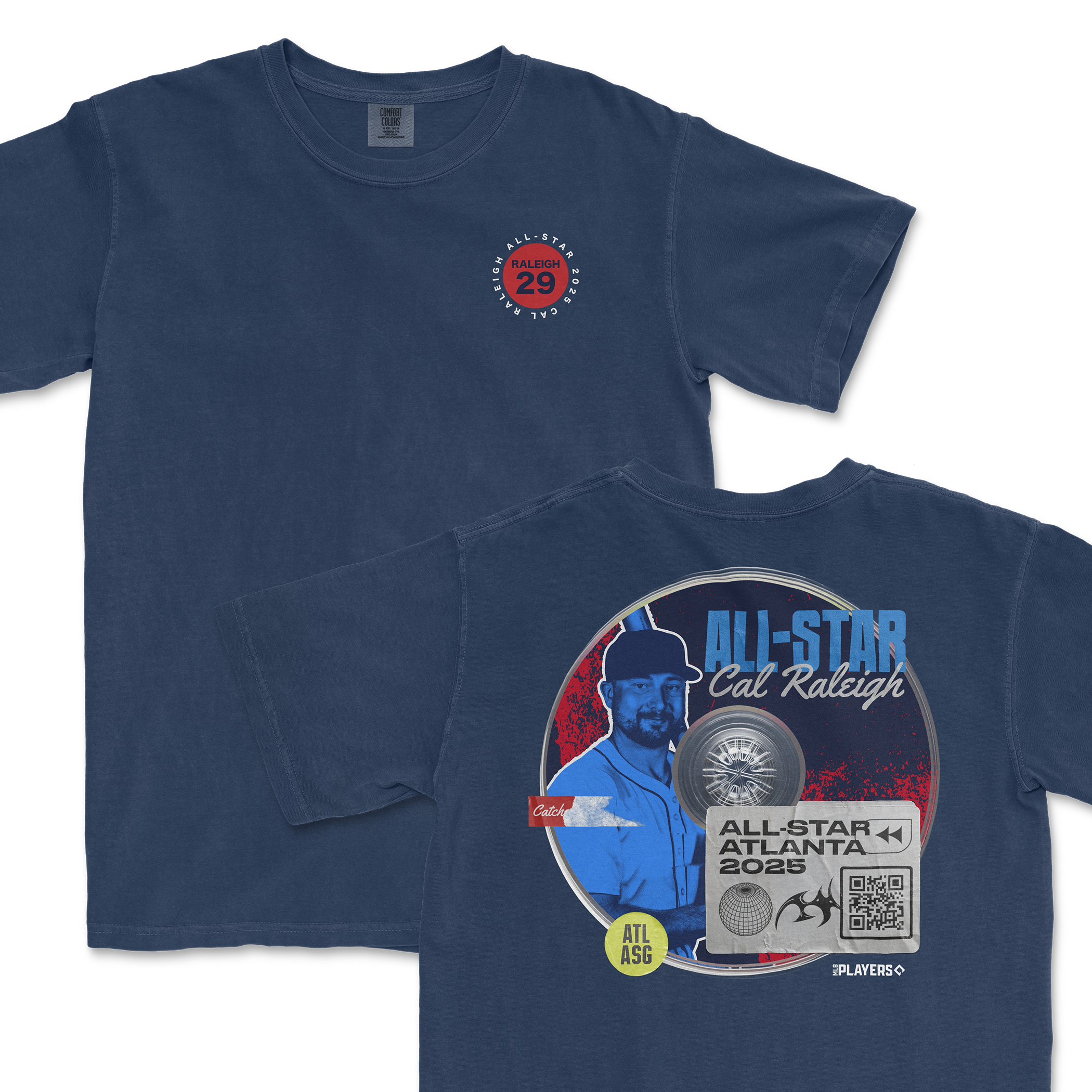 Navy t-shirt featuring Cal Raleigh's All-Star 2025 graphic, showcasing his image and event details on the back.