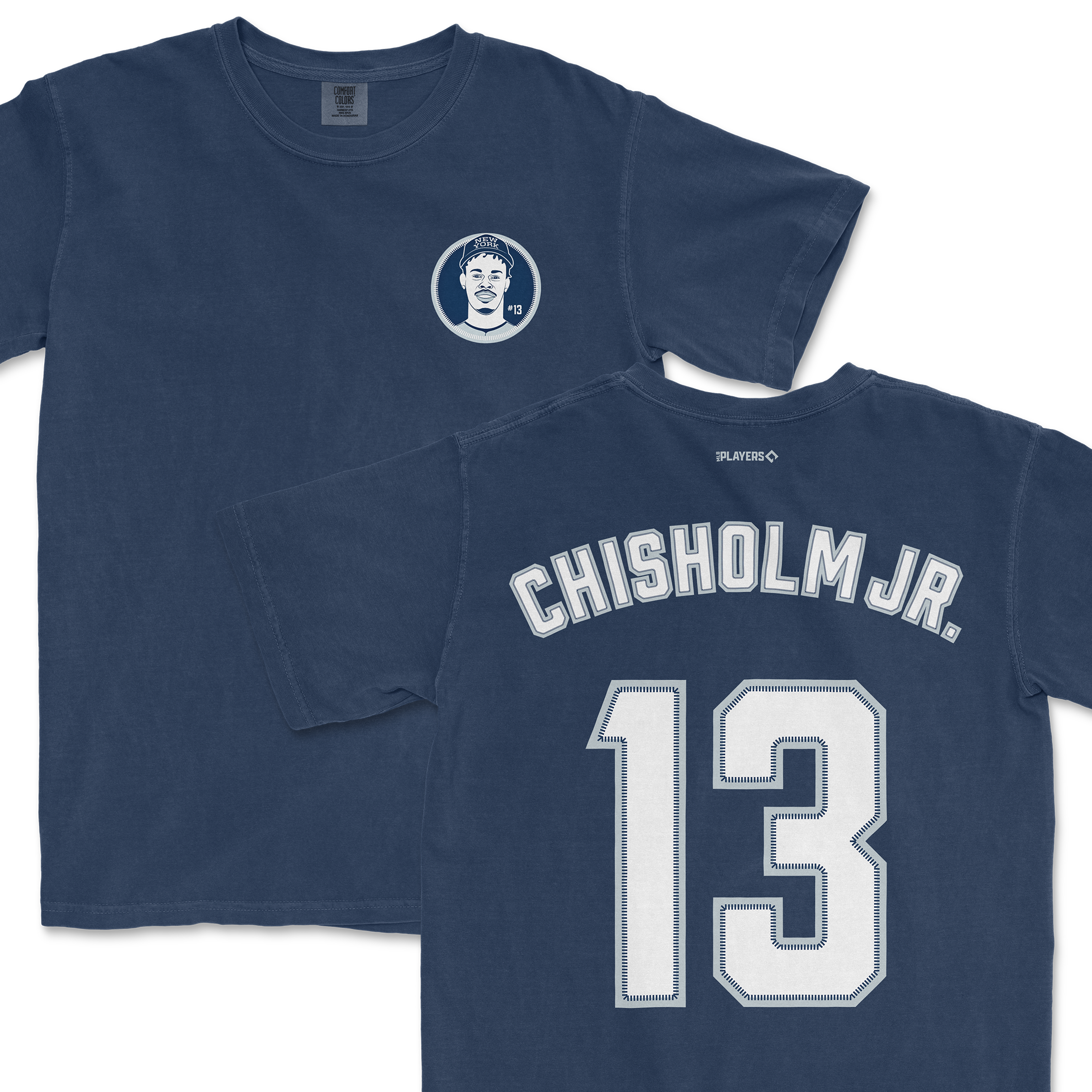 Jazz Chisholm Jr. navy shirsey featuring his name and number 13 on the back, with a graphic on the front.