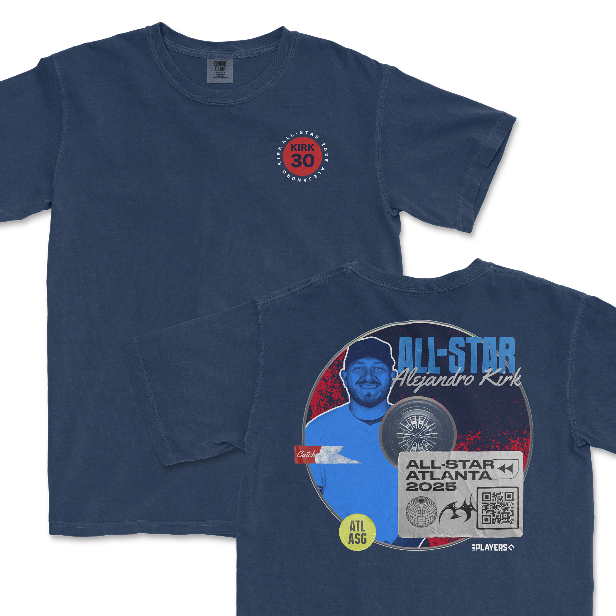Navy t-shirt featuring Alejandro Kirk's All-Star 2025 design with graphics on the front and back, celebrating his achievement.