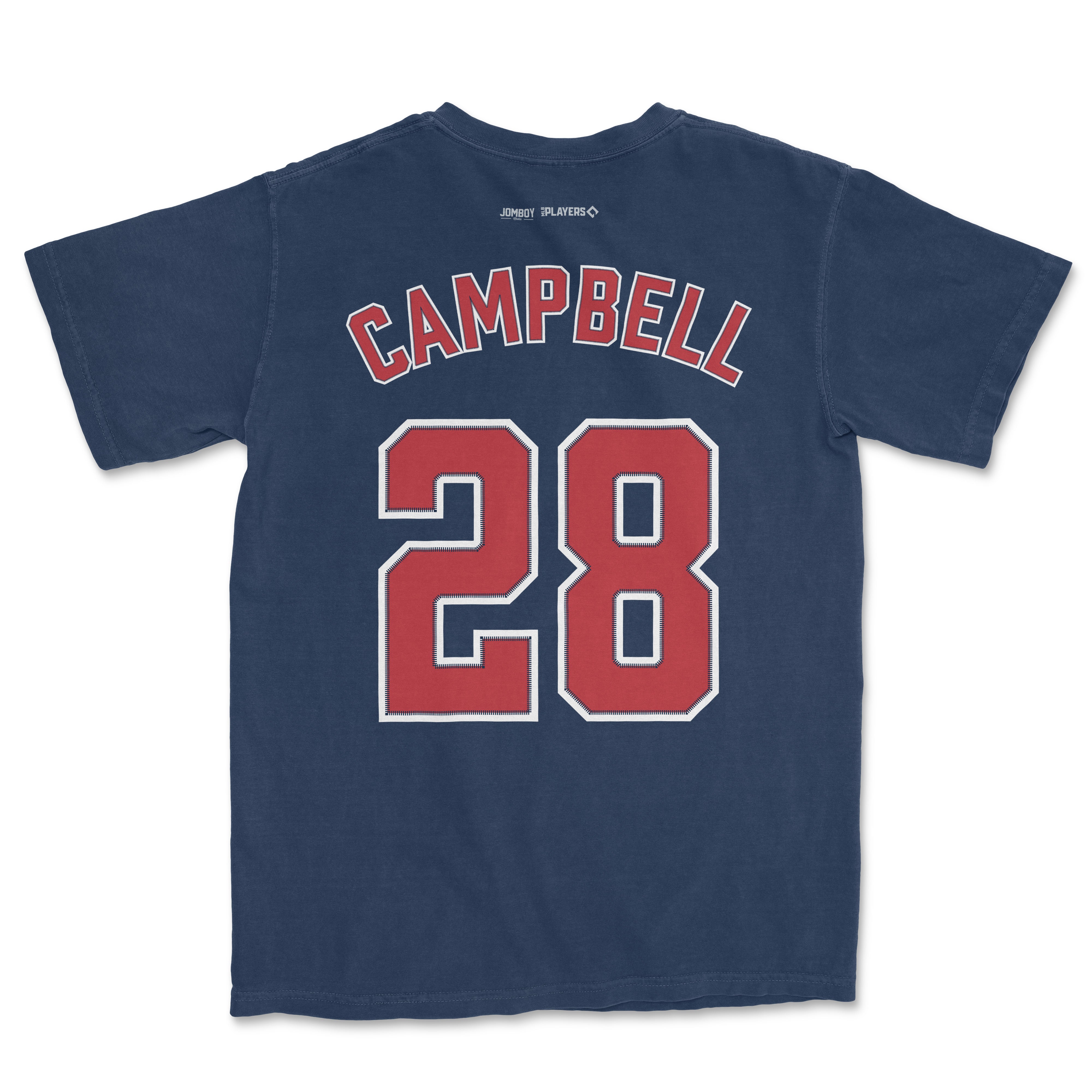 Kristian Campbell Shirsey Comfort Colors T-shirt featuring a navy blue color, large red and white number 28, and "Campbell" text on the back.