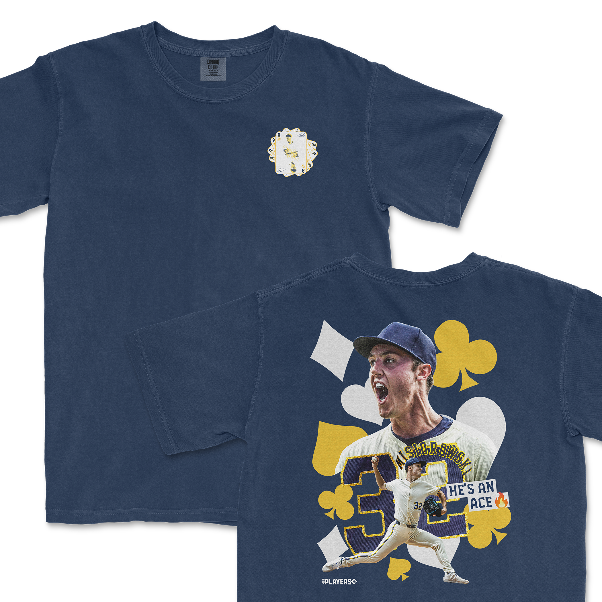 Navy t-shirt featuring Jacob Misiorowski with "He's An Ace" graphic and playing card design on the back.