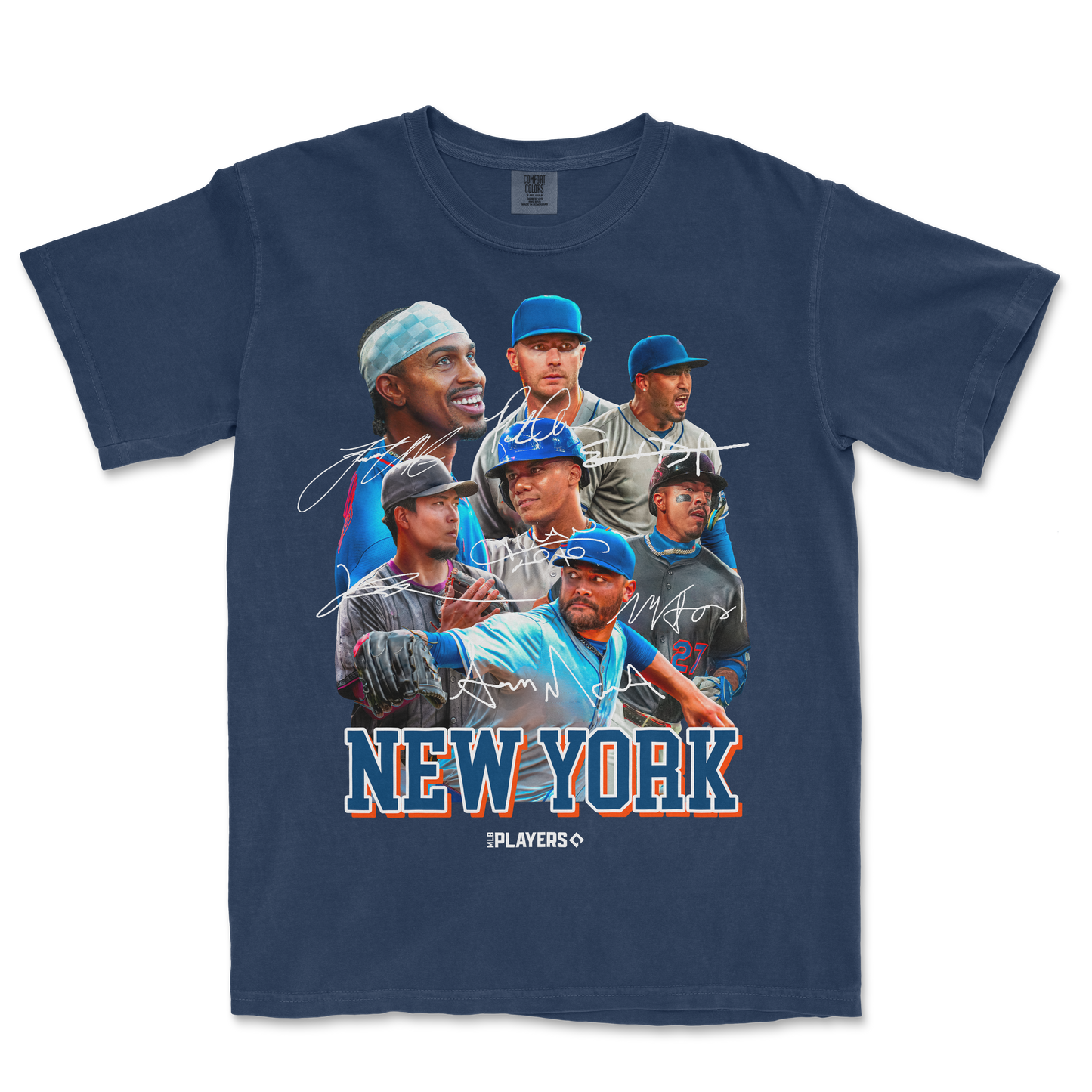 Comfort Colors navy T-shirt featuring a collage of New York baseball players with autographs and "NEW YORK" text.