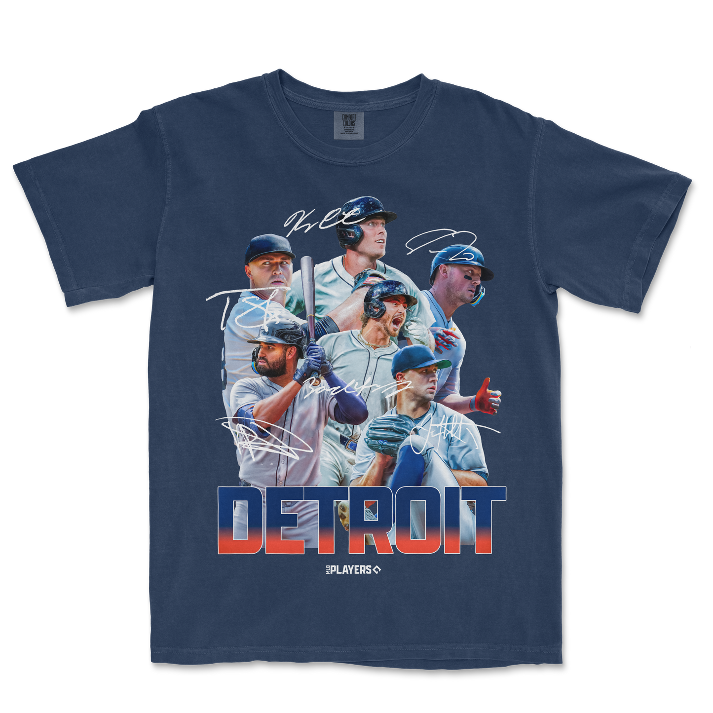 A navy Comfort Colors T-shirt featuring a Detroit baseball team graphic with players, signatures, and "DETROIT" text.