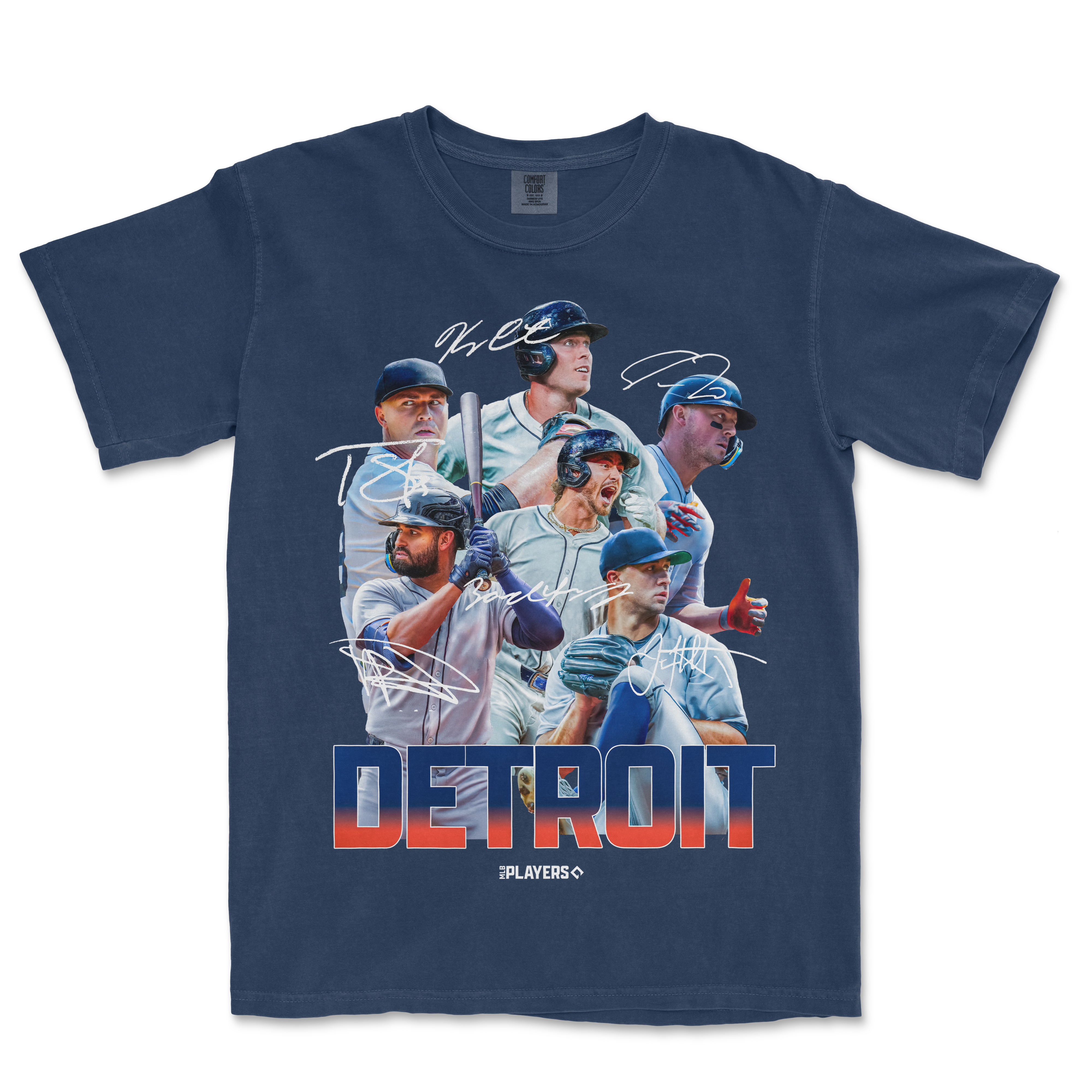 A navy Comfort Colors T-shirt featuring a Detroit baseball team graphic with players, signatures, and "DETROIT" text.