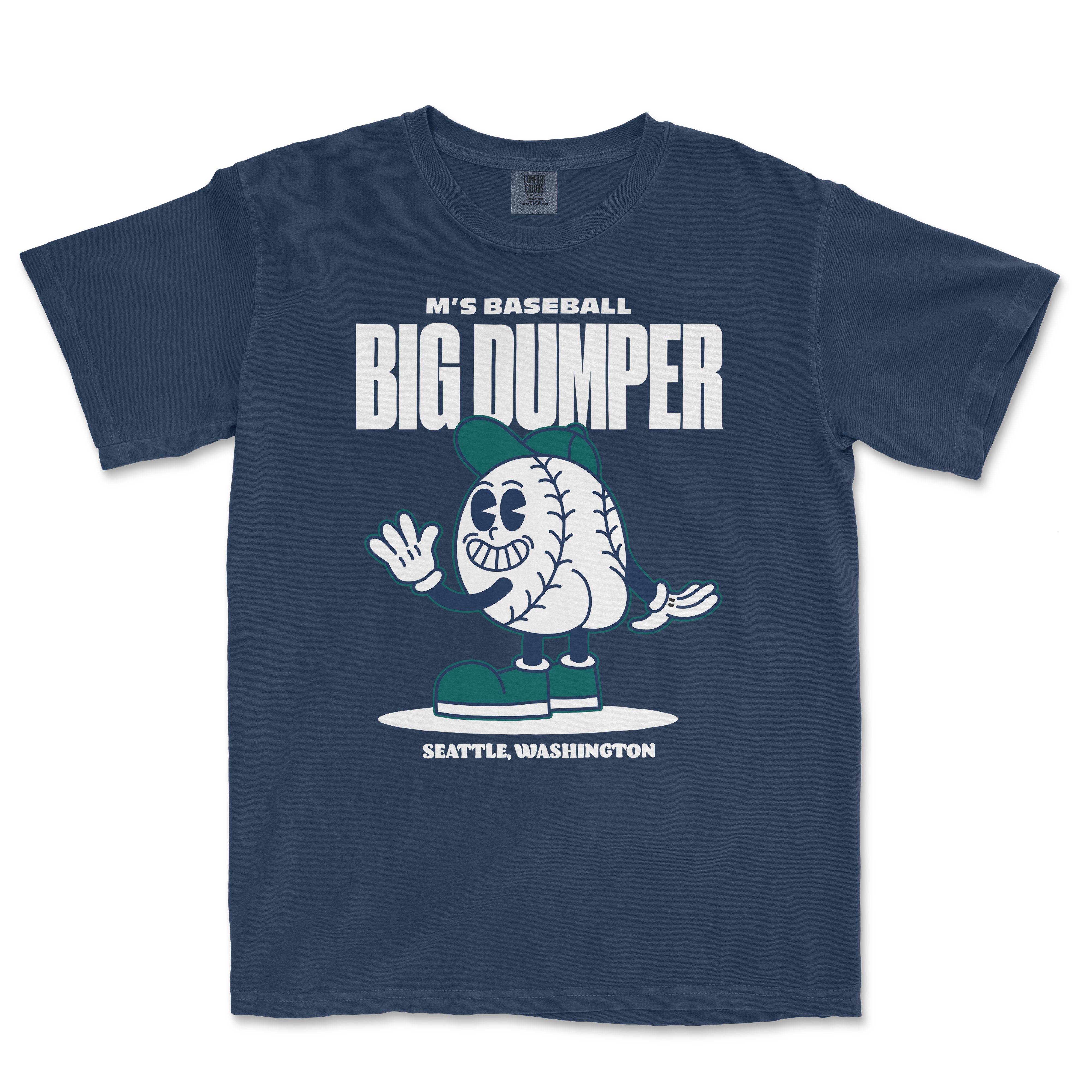 Navy t-shirt featuring a cartoon baseball character named Big Dumper, with text reading "M's Baseball" and "Seattle, Washington.