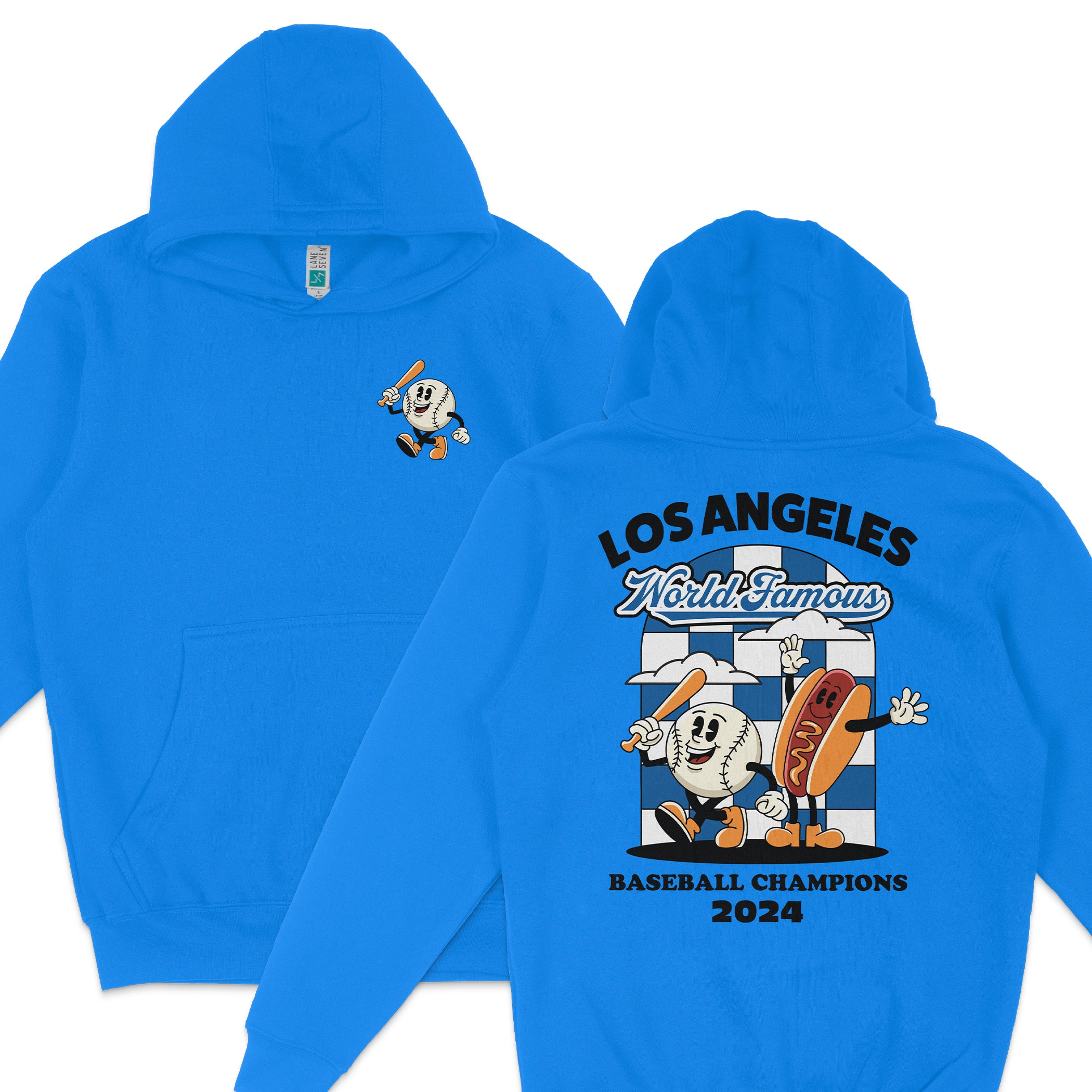 Blue hoodie featuring cartoon baseball and hot dog characters celebrating 2024 World Famous Baseball Champions in Los Angeles.