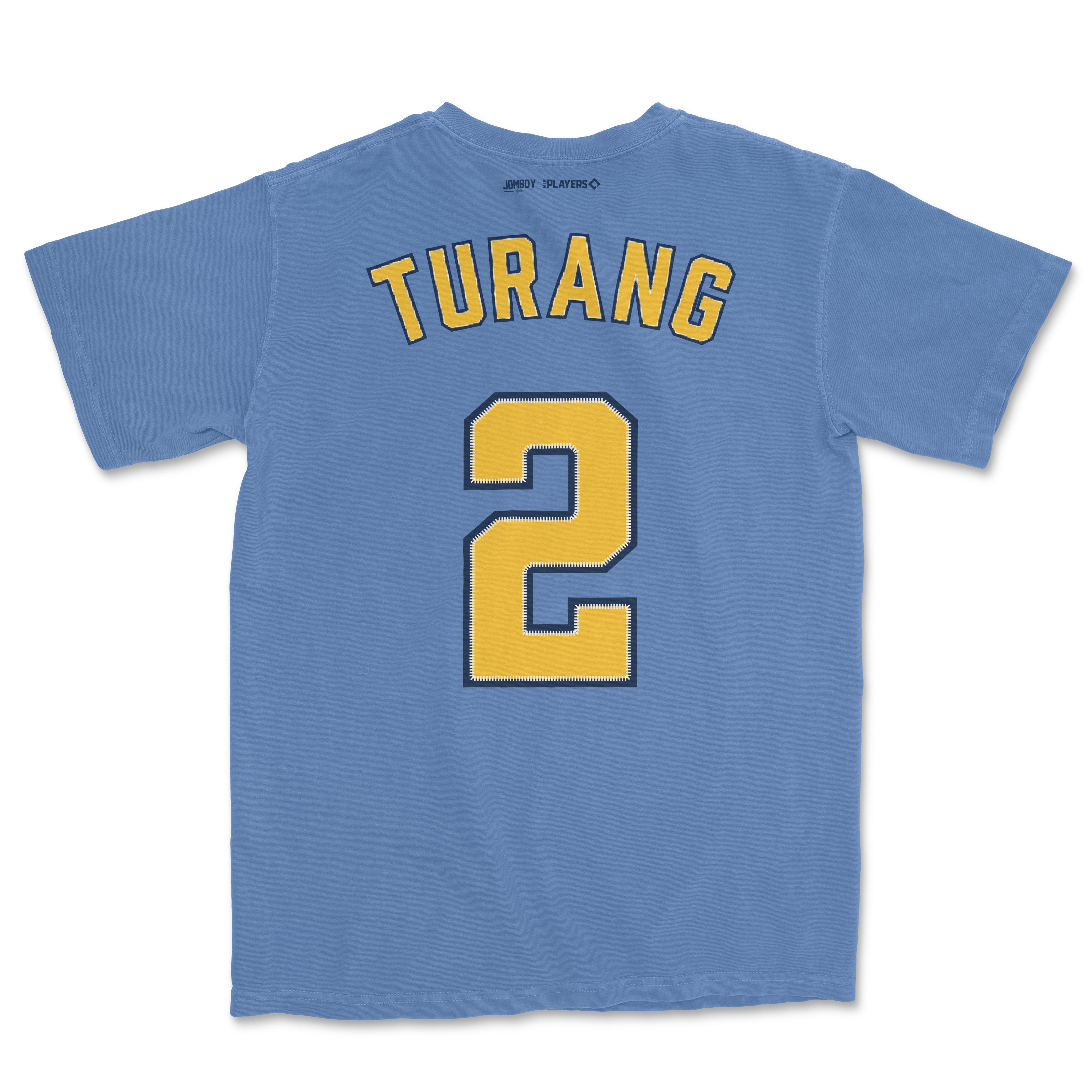 Blue Comfort Colors tee featuring "TURANG" and the number 2 on the back, designed as a Brice Turang shirsey.