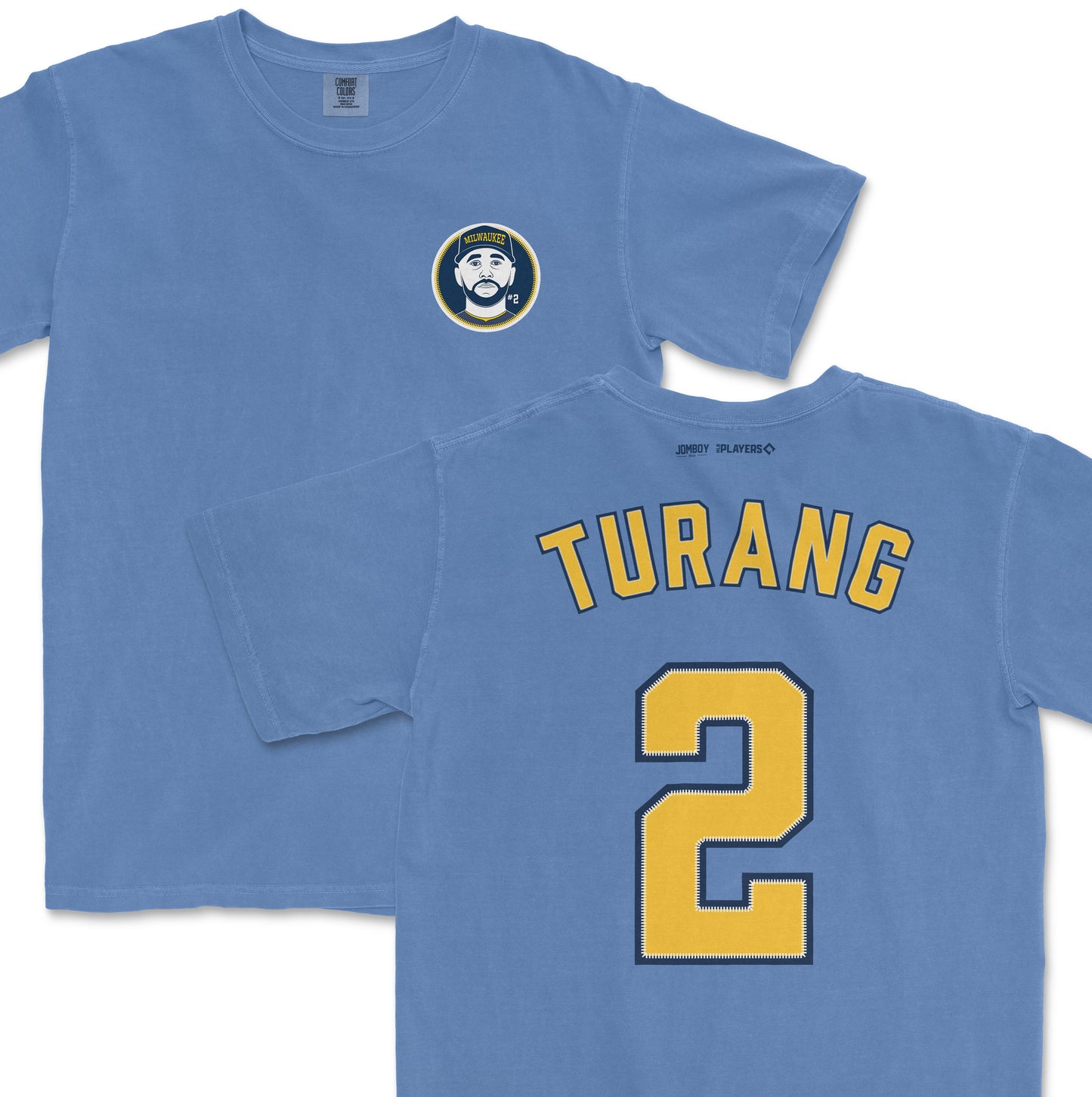 Blue Comfort Colors tee featuring a Milwaukee Turang #2 baseball jersey design on the front and back.