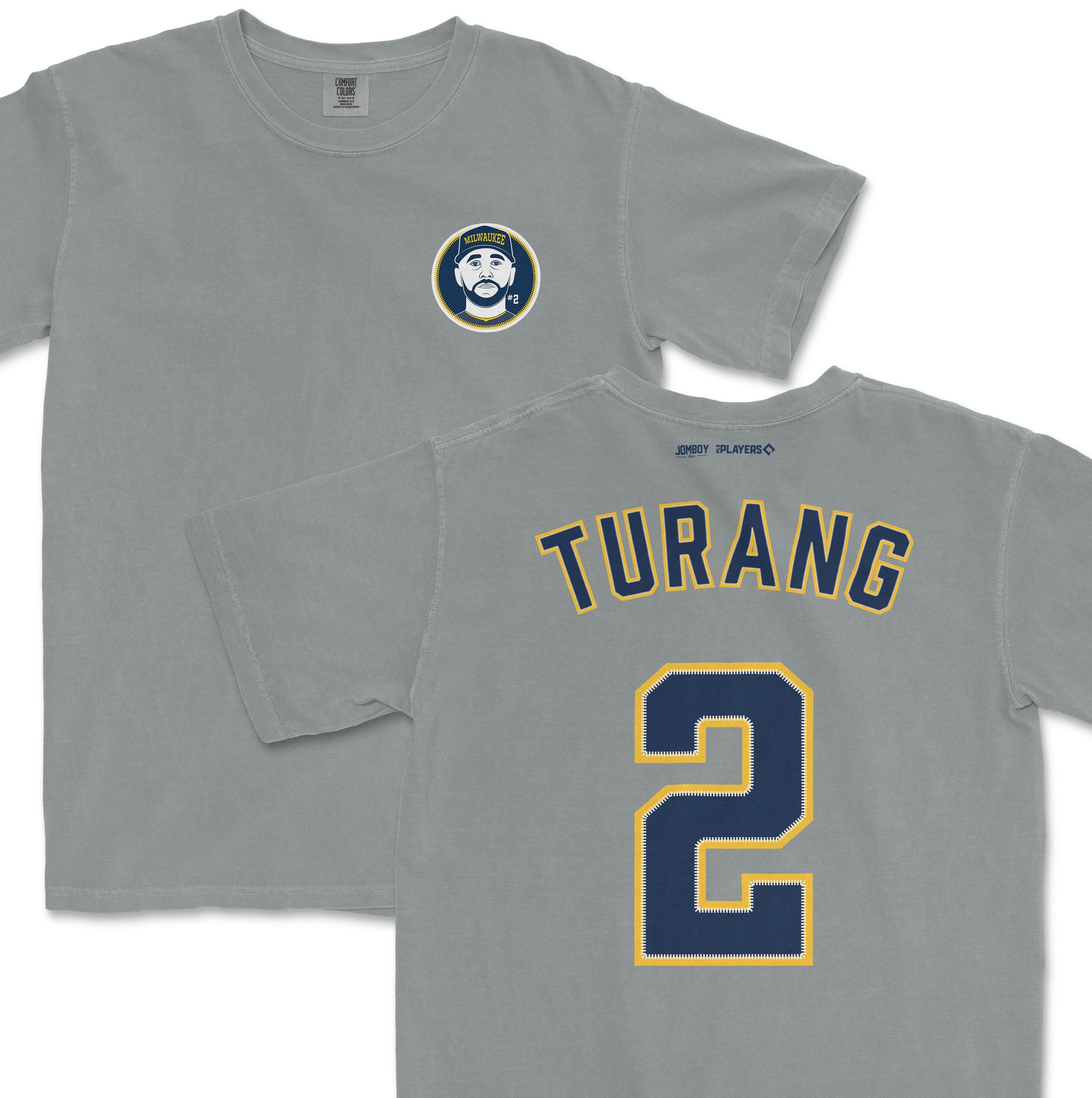Gray Comfort Colors tee featuring a Milwaukee Brewers Brice Turang shirsey design with team logo on front and "TURANG #2" on back.