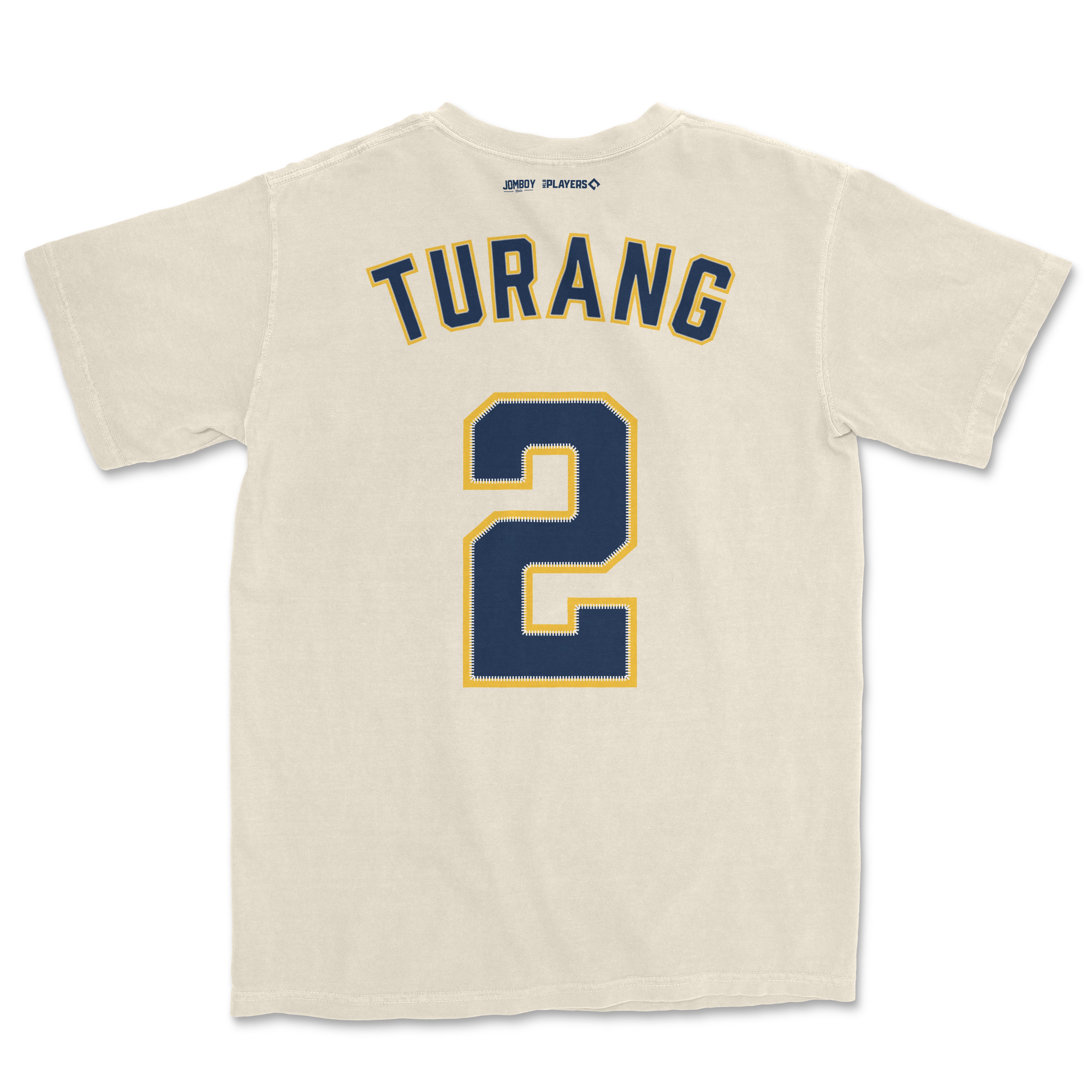 Cream-colored Comfort Colors tee featuring "TURANG" and the number "2" in navy with yellow accents, styled as a sports jersey shirsey.