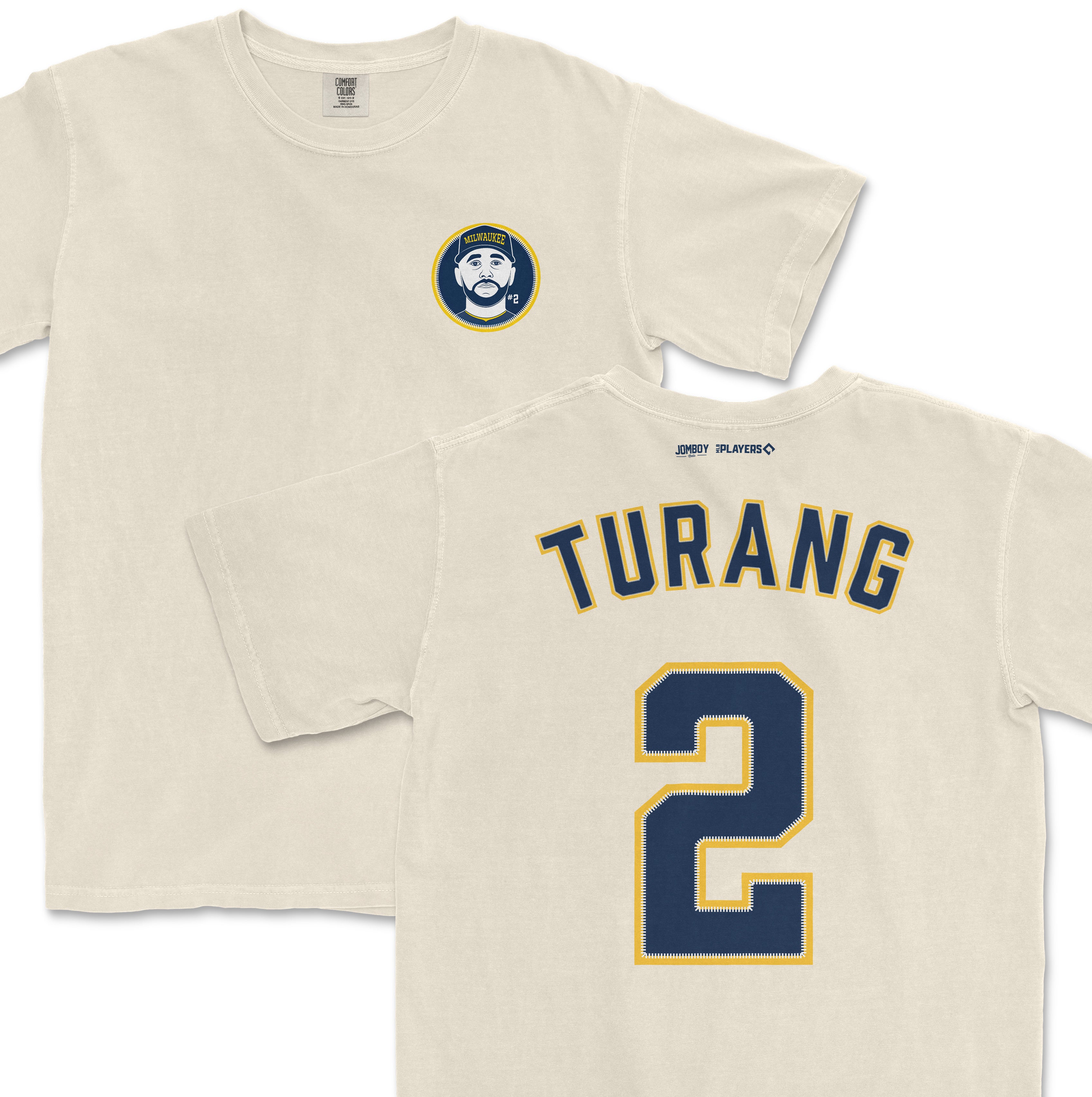 Cream-colored Comfort Colors tee featuring a Milwaukee Brewers Brice Turang shirsey design, with Turang's name and number on the back.