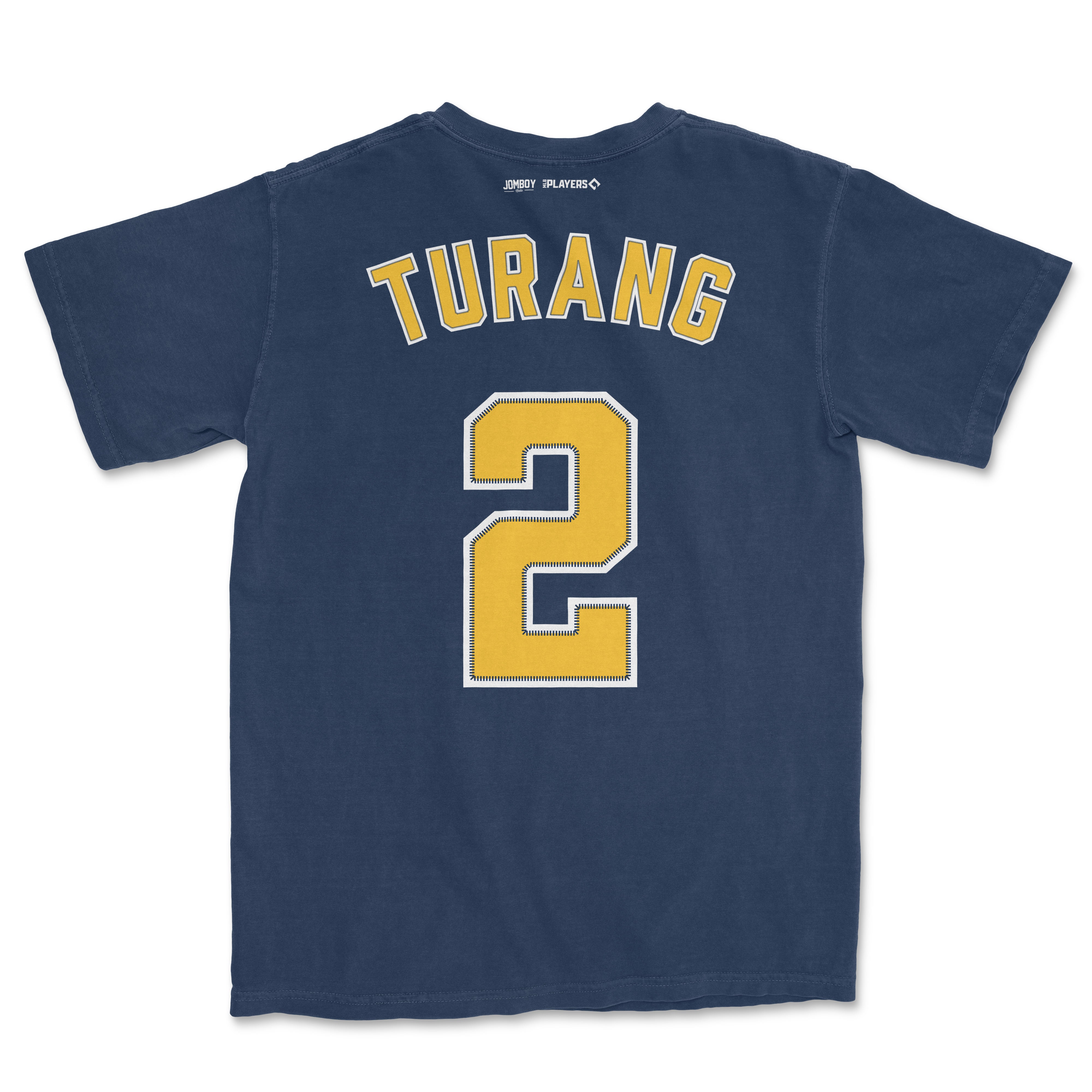 Back of navy blue Comfort Colors tee featuring "TURANG" and the number 2 in yellow with white and black outlines.