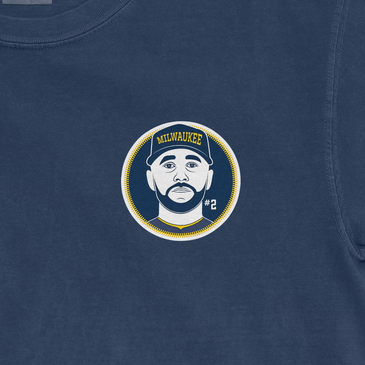 Blue Comfort Colors tee featuring a Milwaukee Brice Turang shirsey graphic with his face, #2, and team details.